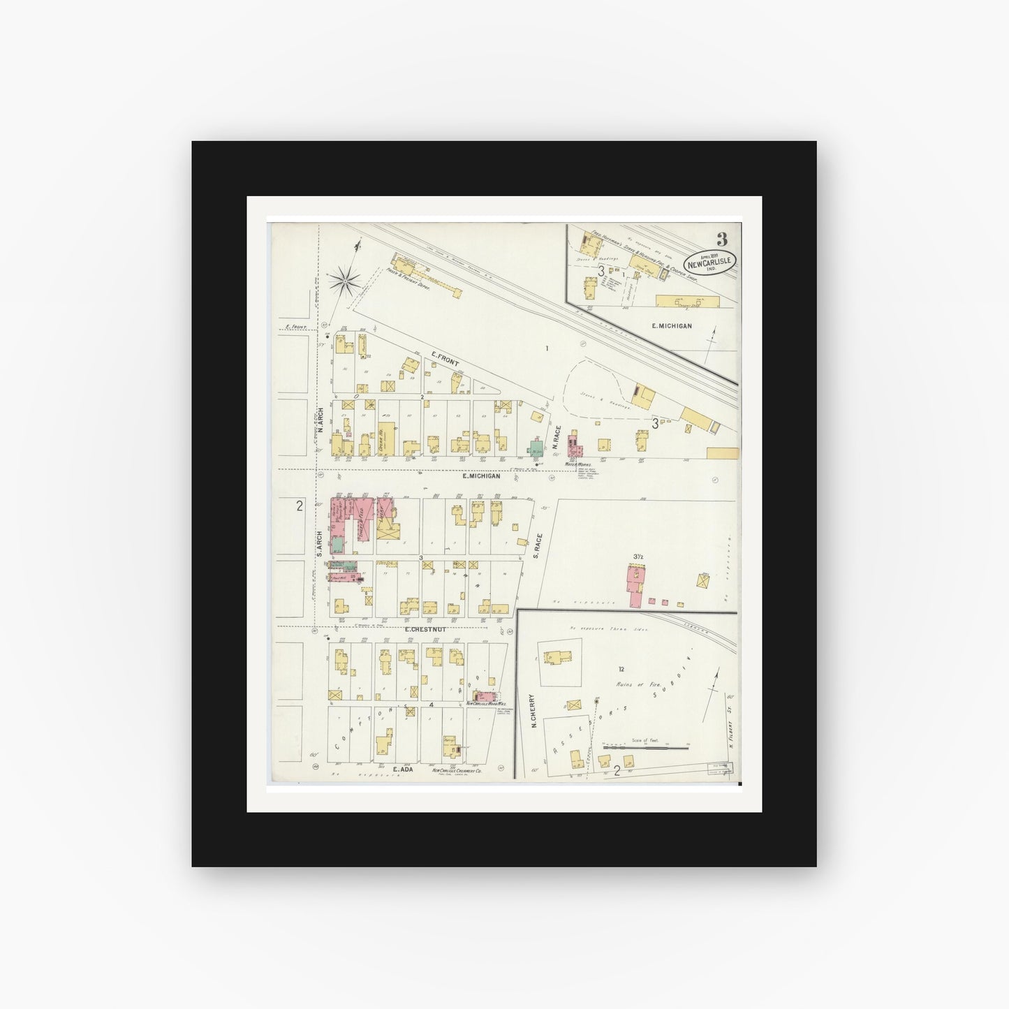 Old map wall art mockup — black gallery frame with white mat — Sanborn Fire Insurance Map from New Carlisle, Saint Joseph County, Indiana (1899), Sheet #0003