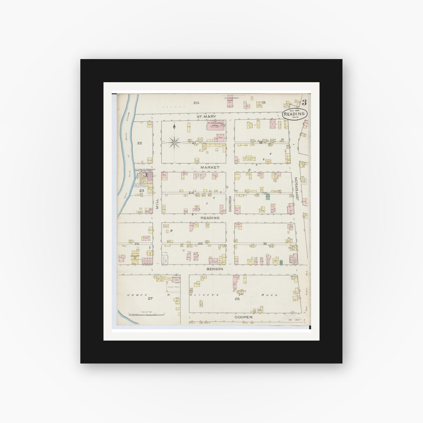 Old map wall art mockup — black gallery frame with white mat — Sanborn Fire Insurance Map from Reading, Hamilton County, Ohio (1886), Sheet #0003