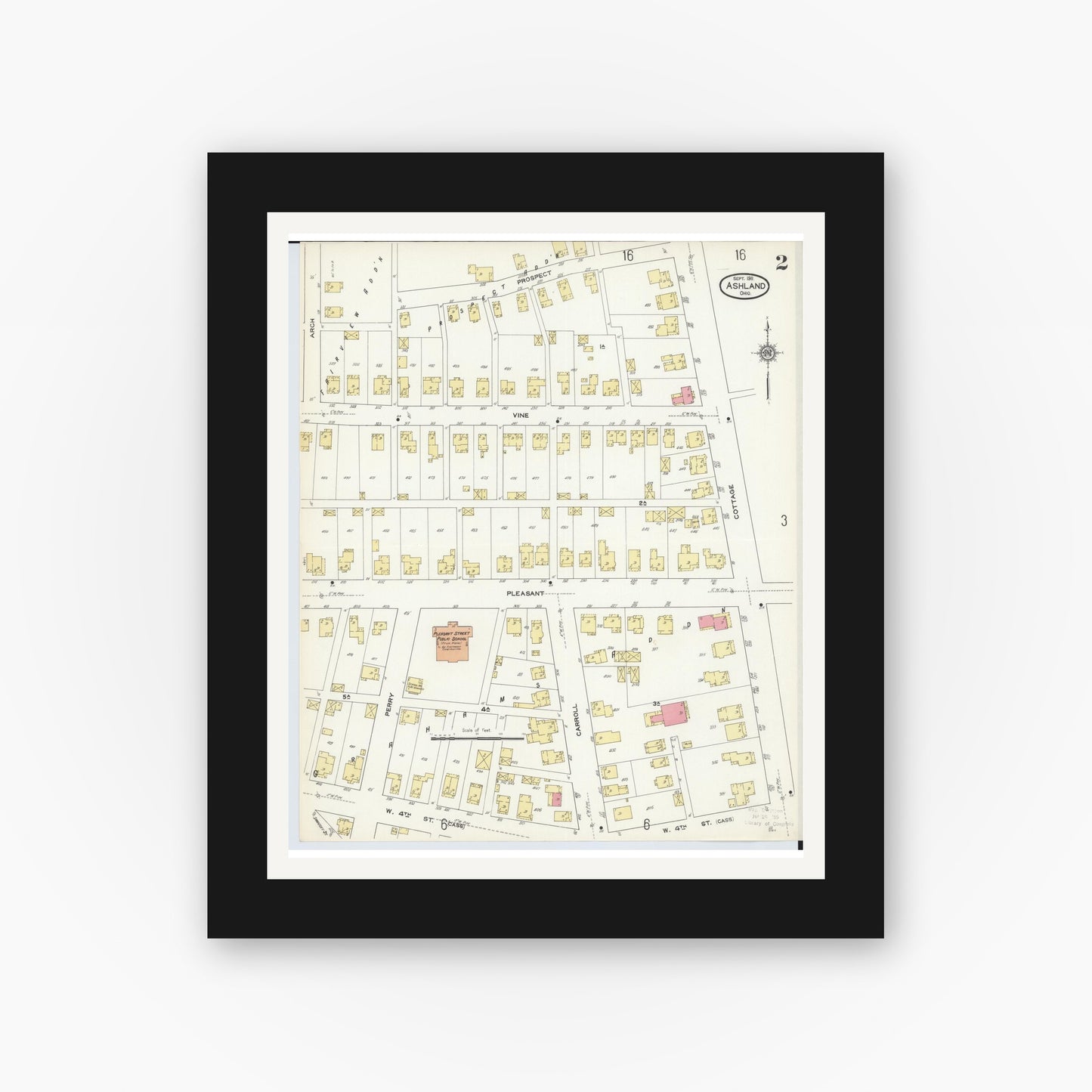 Old map wall art mockup — black gallery frame with white mat — Sanborn Fire Insurance Map from Ashland, Ashland County, Ohio (1911), Sheet #0002