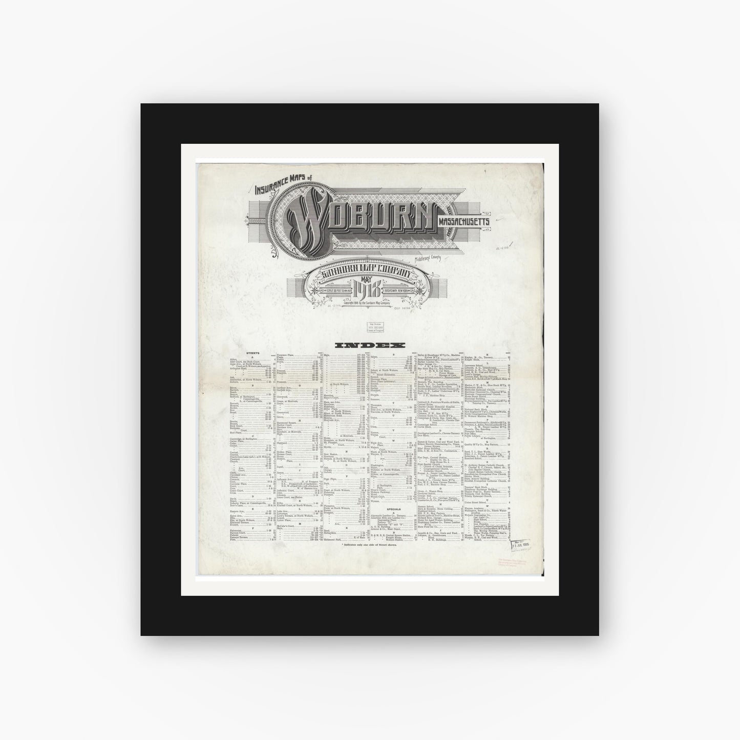 Old map wall art mockup — black gallery frame with white mat — Sanborn Fire Insurance Map from Woburn, Middlesex County, Massachusetts (1918), Sheet #0001