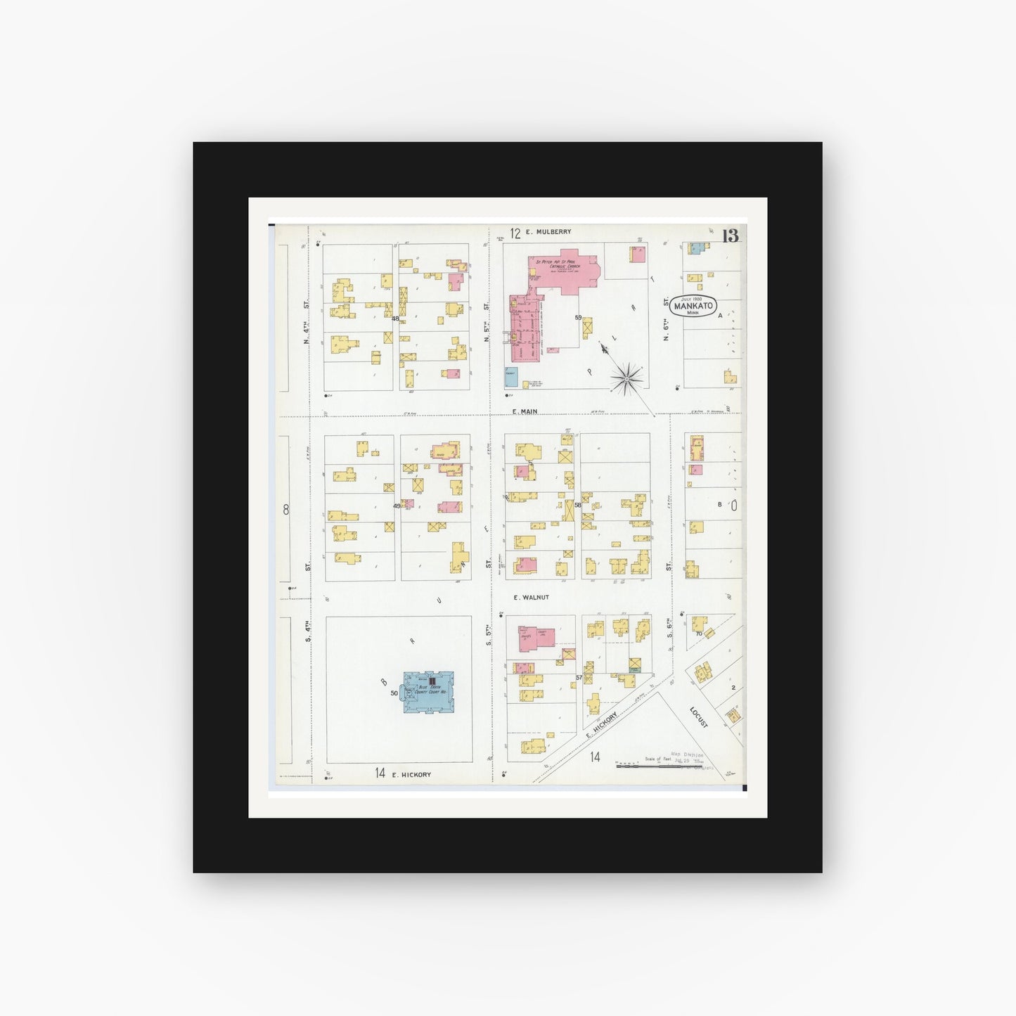 Old map wall art mockup — black gallery frame with white mat — Sanborn Fire Insurance Map from Mankato, Blue Earth County, Minnesota (1900), Sheet #0013