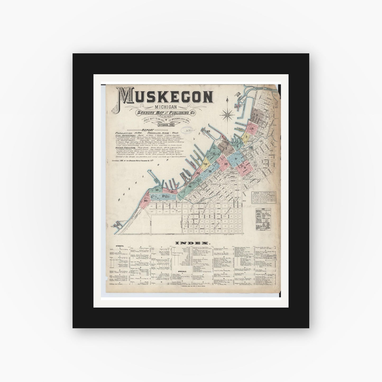 Old map wall art mockup — black gallery frame with white mat — Sanborn Fire Insurance Map from Muskegon, Muskegon County, Michigan (1883) - Complete Map Set