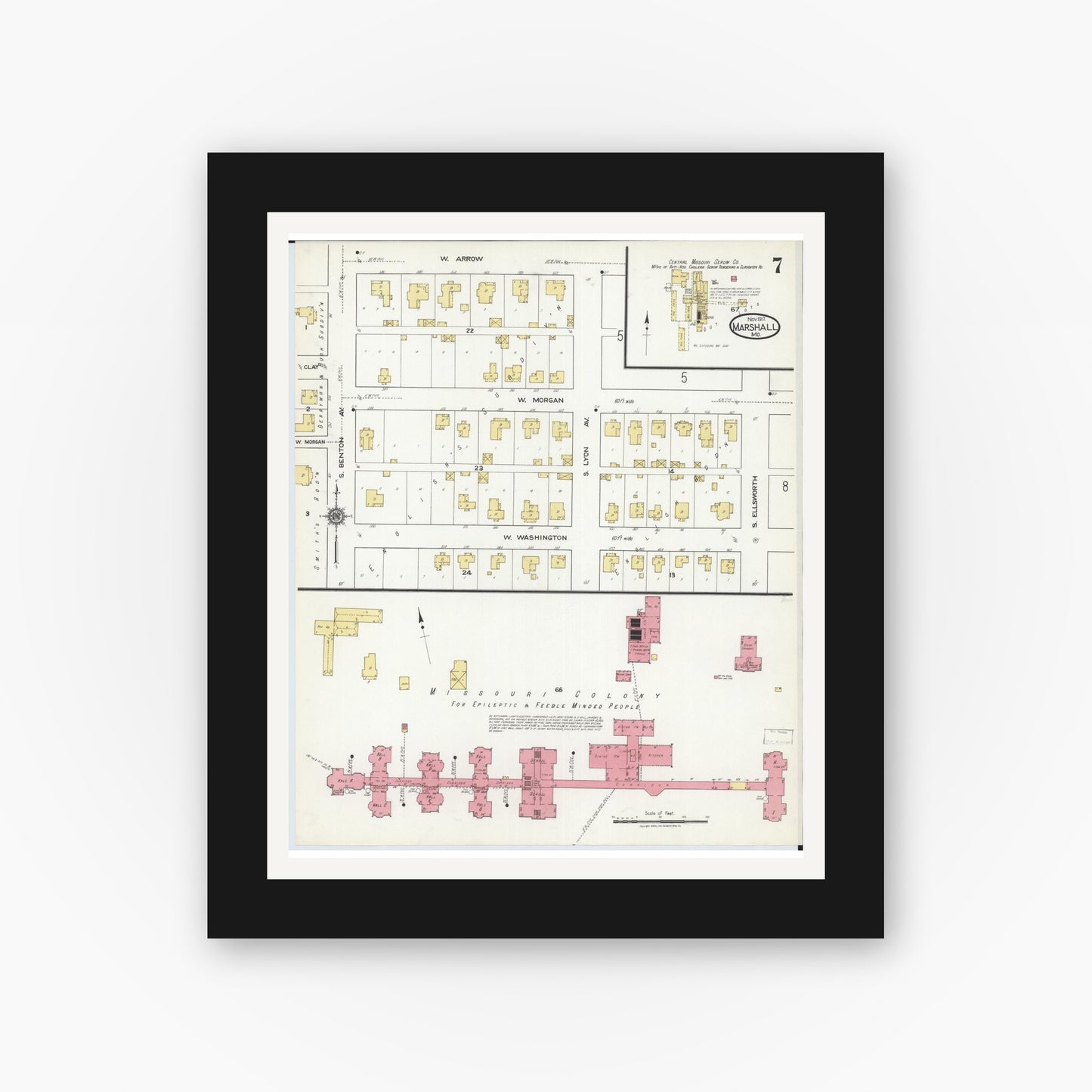 Old map wall art mockup — black gallery frame with white mat — Sanborn Fire Insurance Map from Marshall, Saline County, Missouri (1917), Sheet #0007