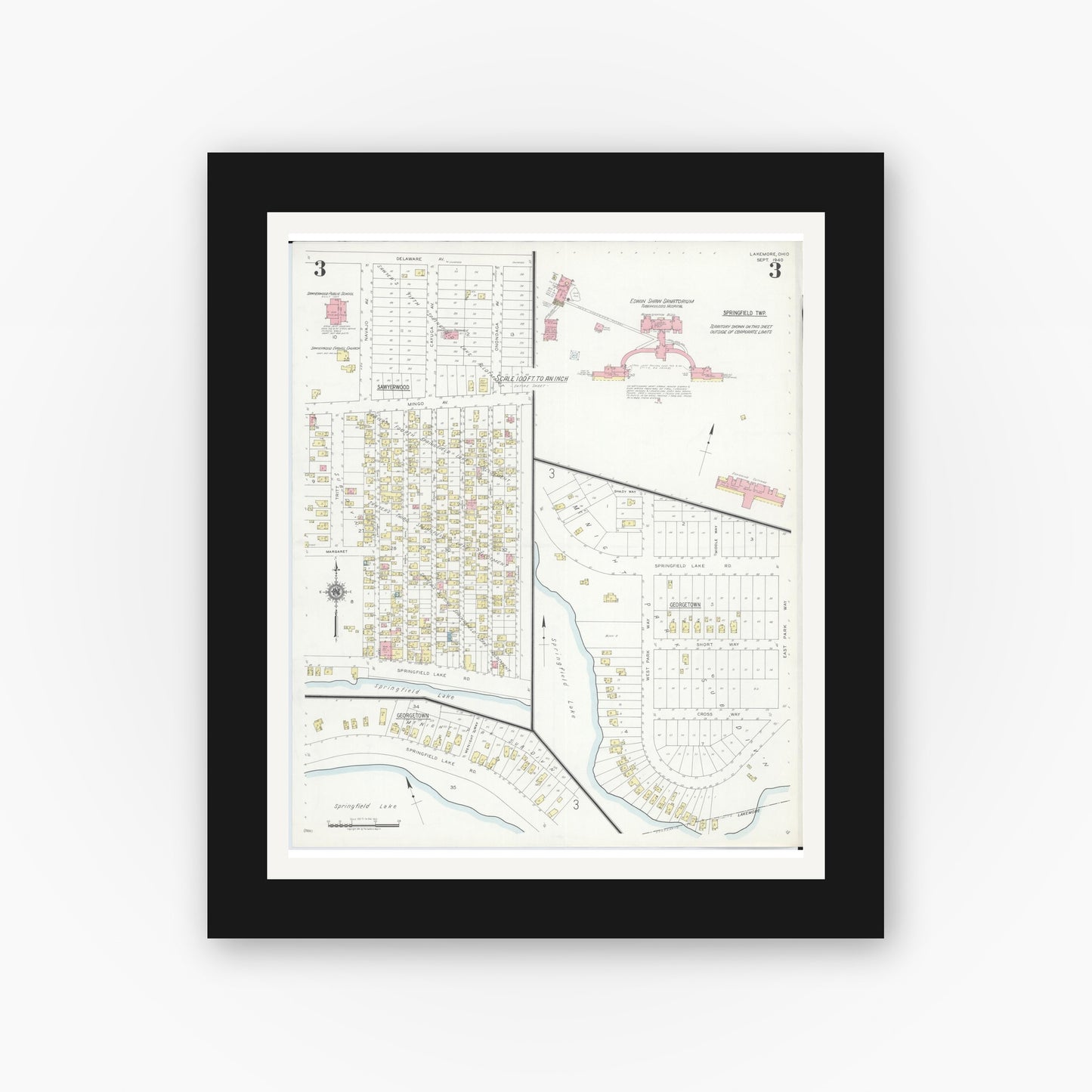 Old map wall art mockup — black gallery frame with white mat — Sanborn Fire Insurance Map from Lakemore, Summit County, Ohio (1940), Sheet #0003