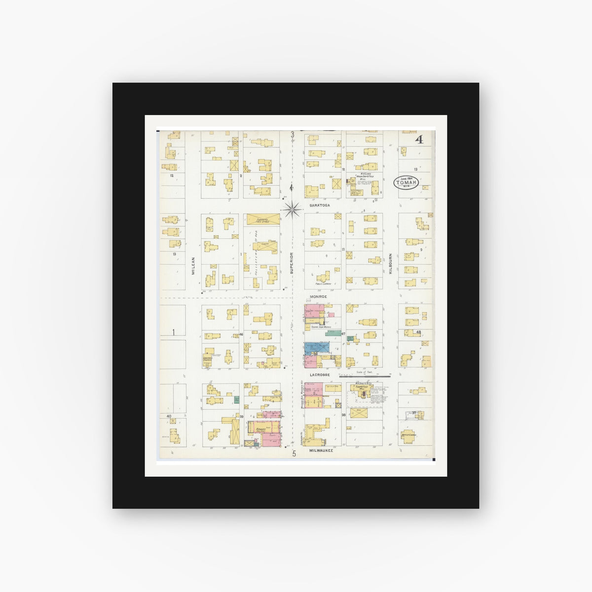 Old map wall art mockup — black gallery frame with white mat — Sanborn Fire Insurance Map from Tomah, Monroe County, Wisconsin (1904), Sheet #0004