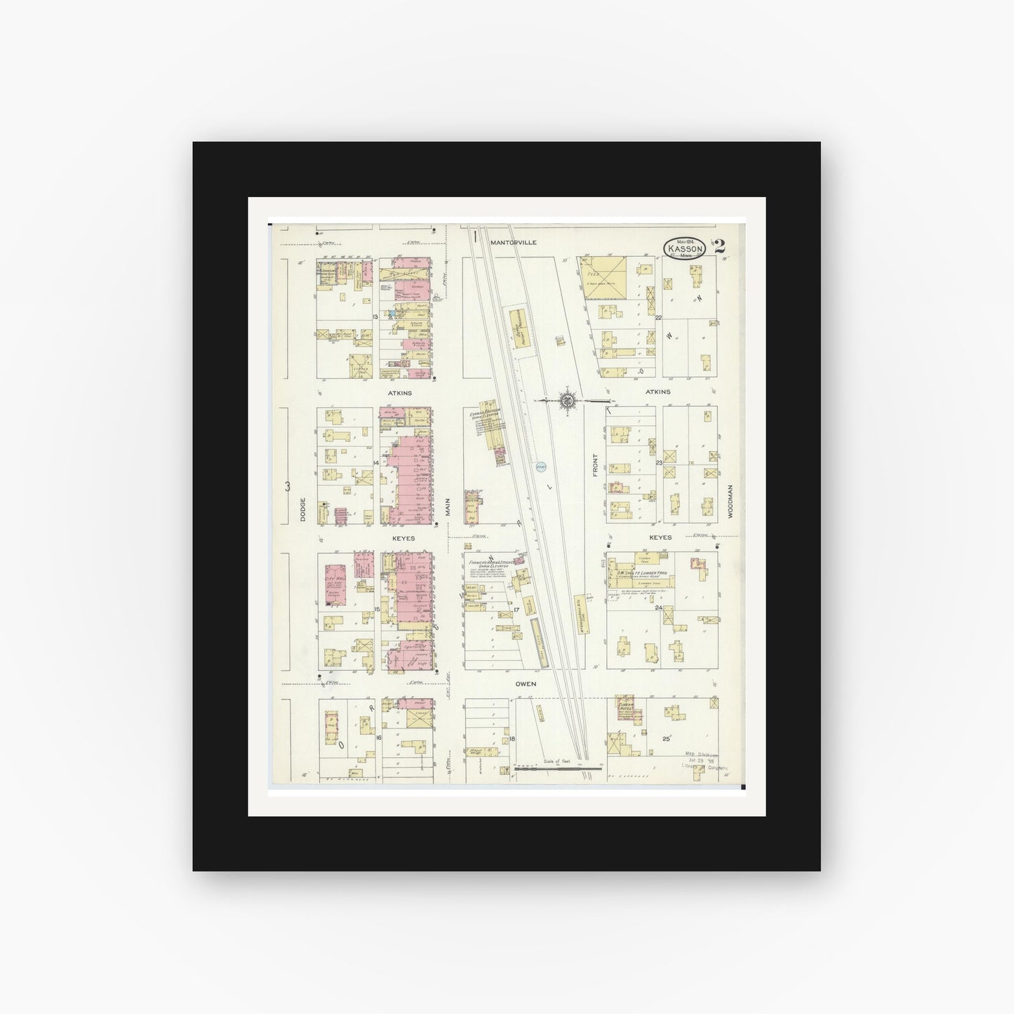 Old map wall art mockup — black gallery frame with white mat — Sanborn Fire Insurance Map from Kasson, Dodge County, Minnesota (1914), Sheet #0002