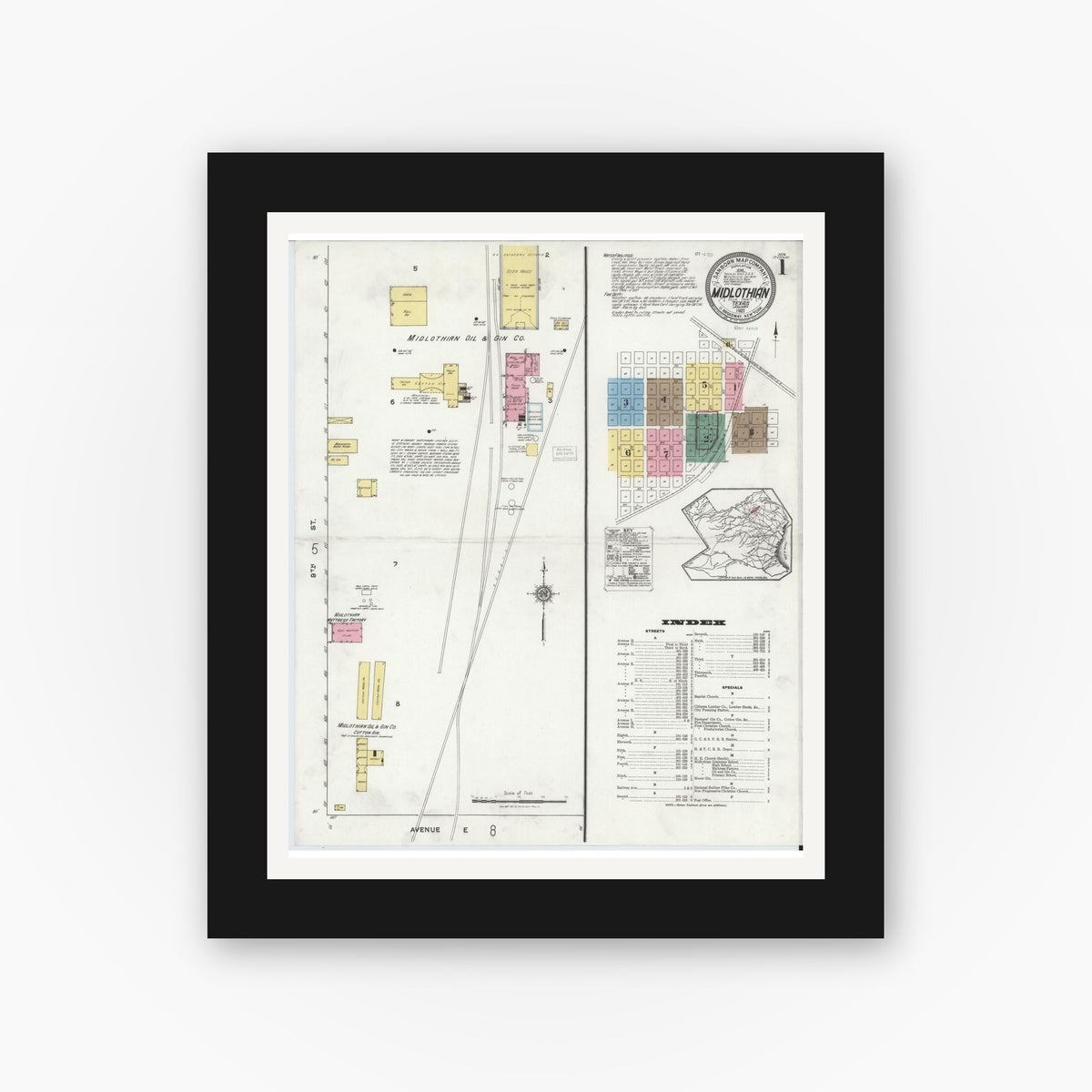 Old map wall art mockup — black gallery frame with white mat — Sanborn Fire Insurance Map from Midlothian, Ellis County, Texas (1921), Sheet #0001