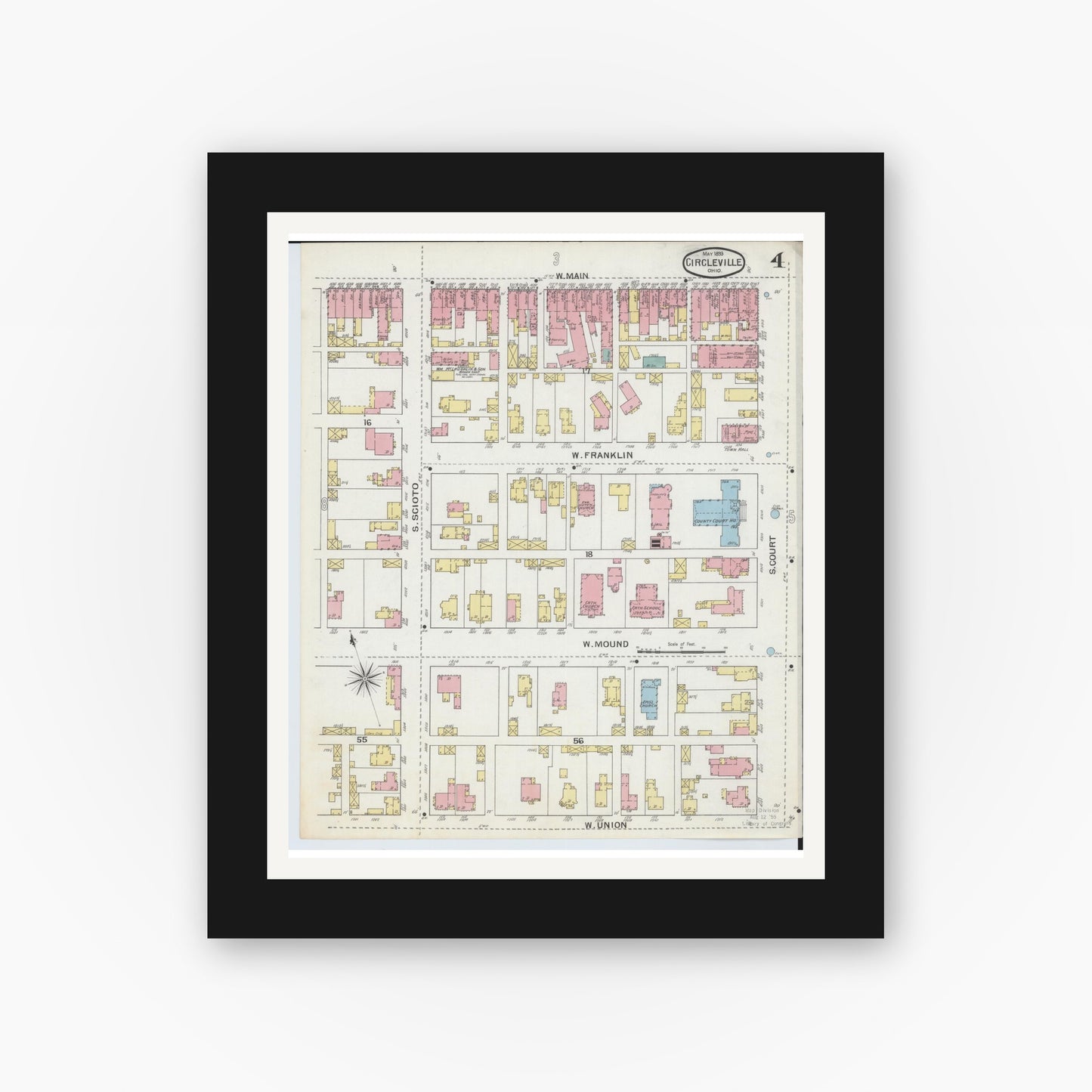 Old map wall art mockup — black gallery frame with white mat — Sanborn Fire Insurance Map from Circleville, Pickaway County, Ohio (1893), Sheet #0004