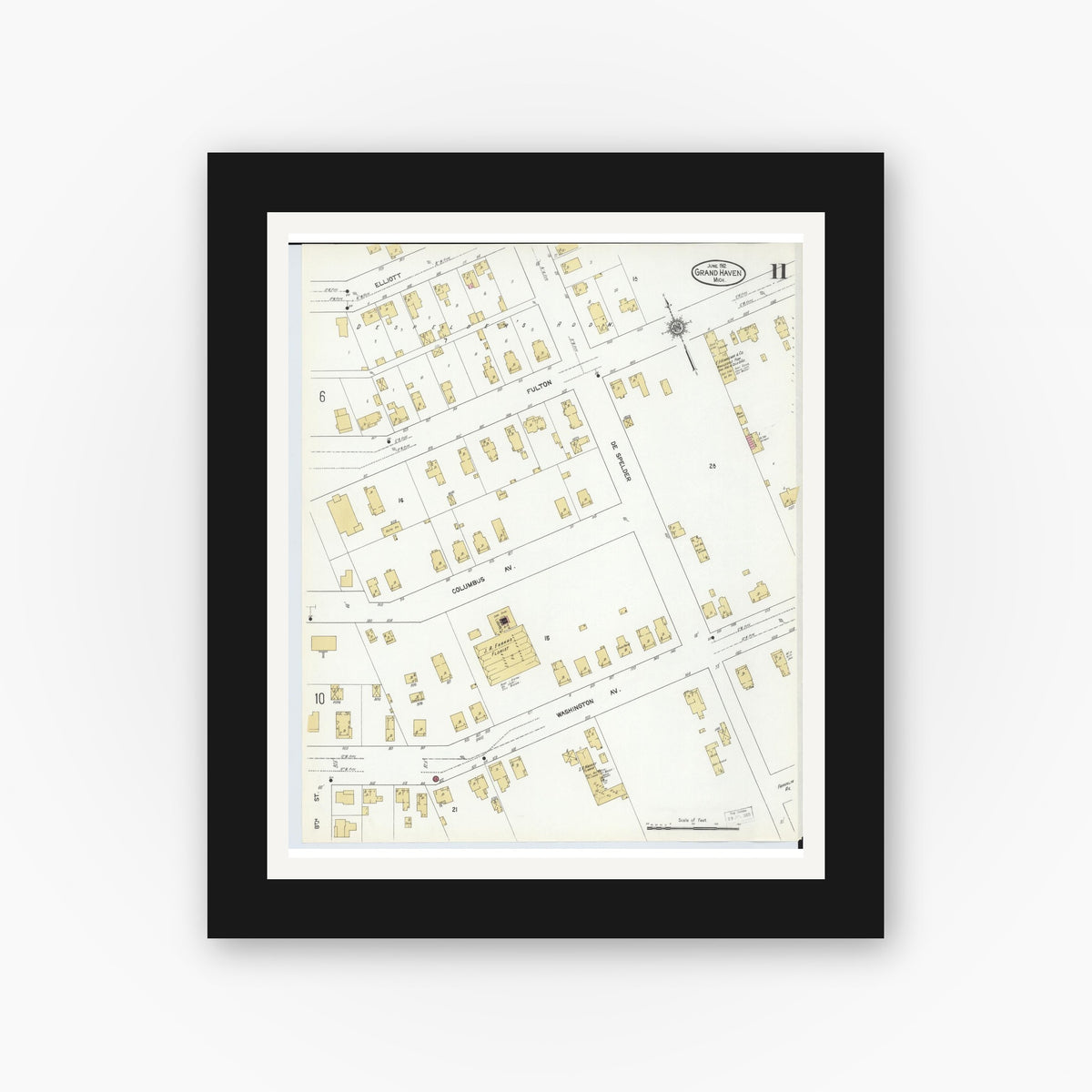 Old map wall art mockup — black gallery frame with white mat — Sanborn Fire Insurance Map from Grand Haven, Ottawa County, Michigan (1912), Sheet #0011
