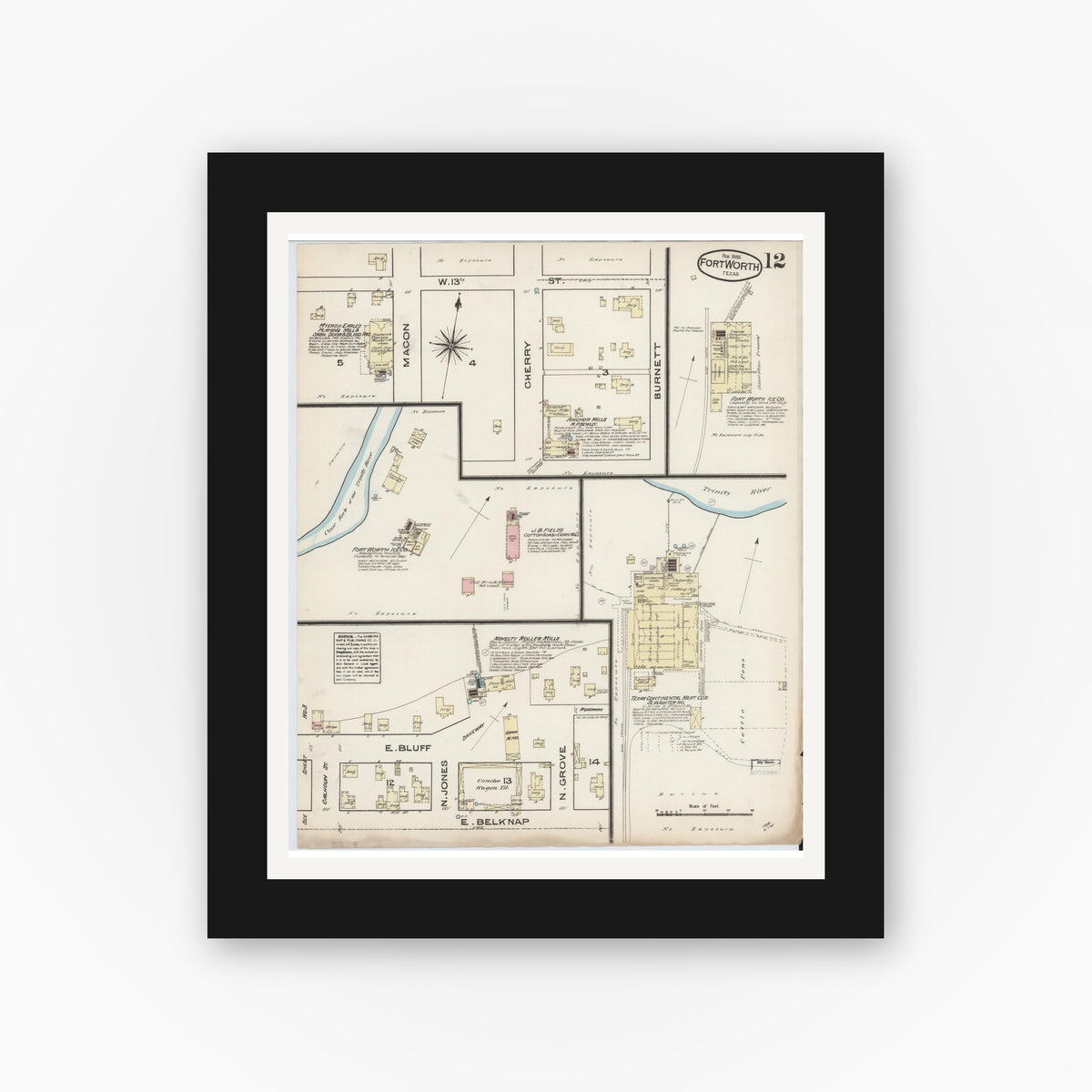 Old map wall art mockup — black gallery frame with white mat — Sanborn Fire Insurance Map from Fort Worth, Tarrant County, Texas (1885), Sheet #0012