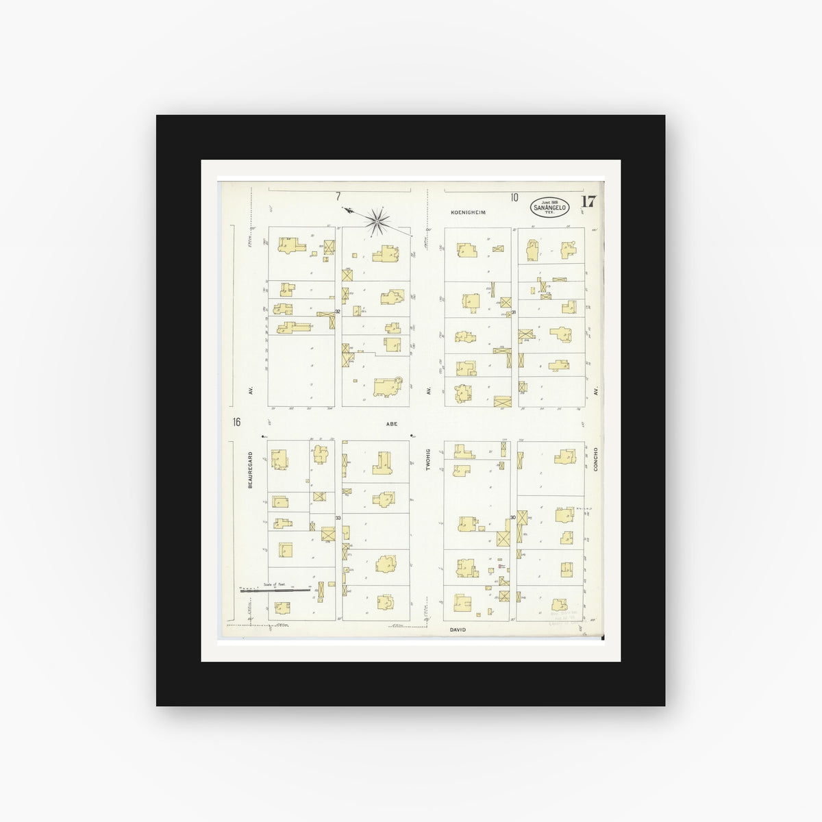 Old map wall art mockup — black gallery frame with white mat — Sanborn Fire Insurance Map from San Angelo, Tom Green County, Texas (1908), Sheet #0017