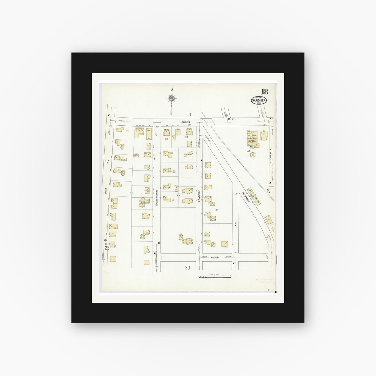 Old map wall art mockup — black gallery frame with white mat — Sanborn Fire Insurance Map from Gardner, Worcester County, Massachusetts (1914), Sheet #0018