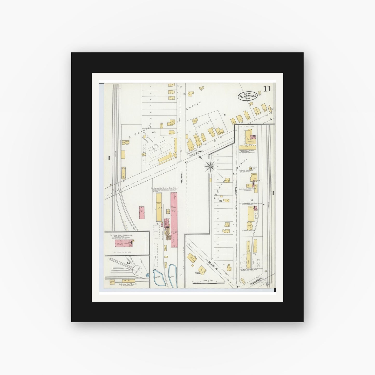 Old map wall art mockup — black gallery frame with white mat — Sanborn Fire Insurance Map from Painesville, Lake County, Ohio (1904), Sheet #0011