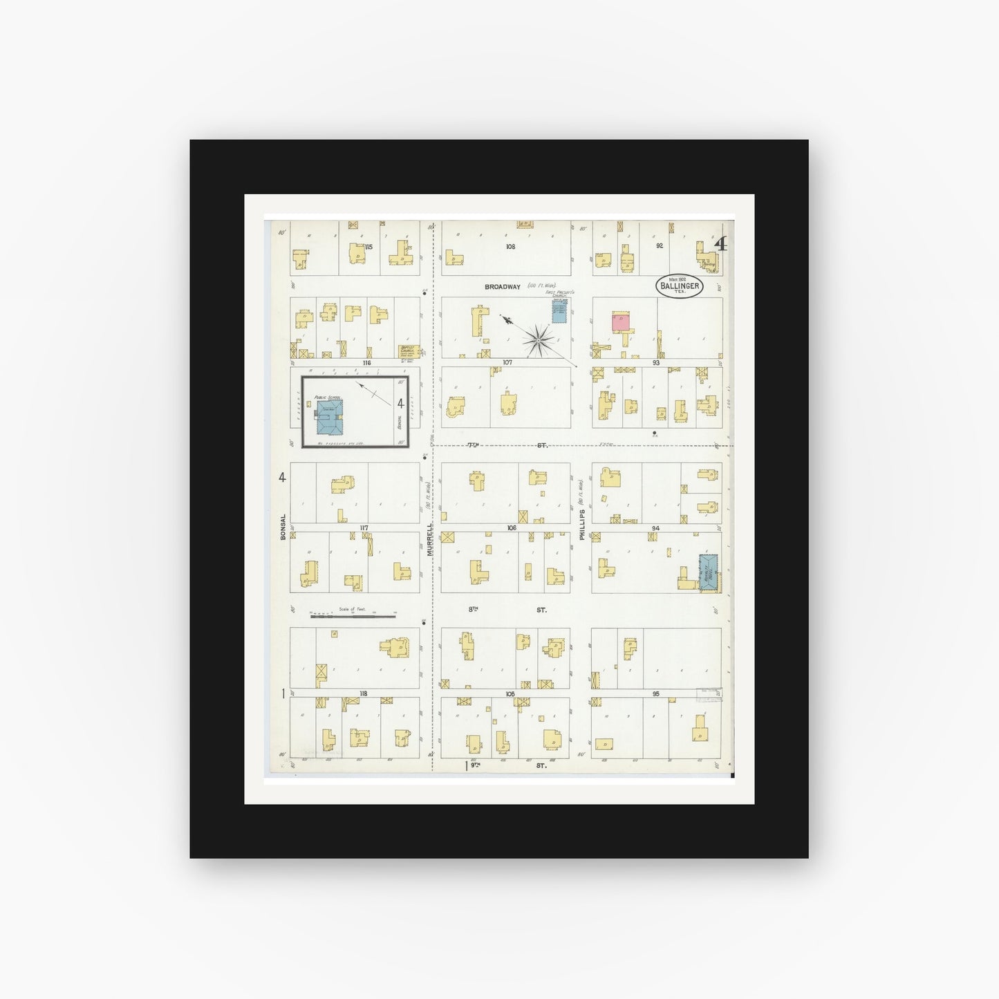 Old map wall art mockup — black gallery frame with white mat — Sanborn Fire Insurance Map from Ballinger, Runnels County, Texas (1902), Sheet #0004