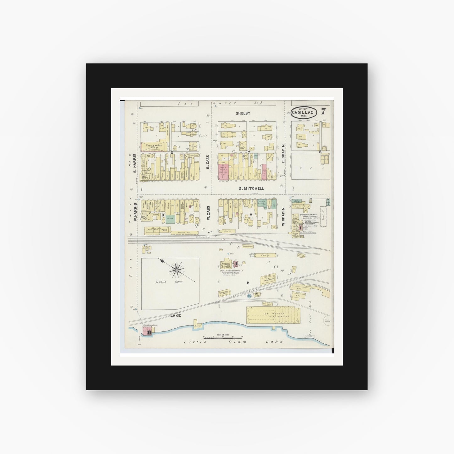 Old map wall art mockup — black gallery frame with white mat — Sanborn Fire Insurance Map from Cadillac, Wexford County, Michigan (1890), Sheet #0007