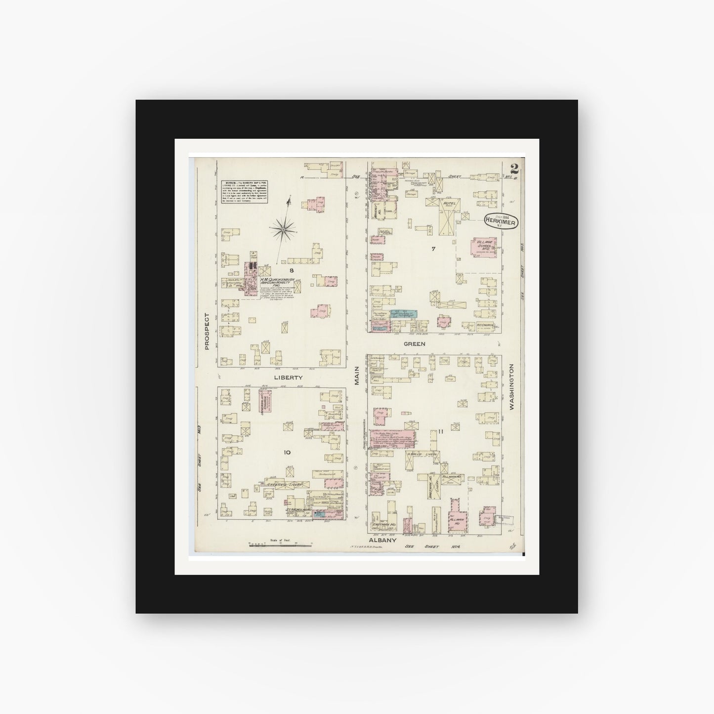 Old map wall art mockup — black gallery frame with white mat — Sanborn Fire Insurance Map from Herkimer, Herkimer County, New York (1884) - Complete Map Set