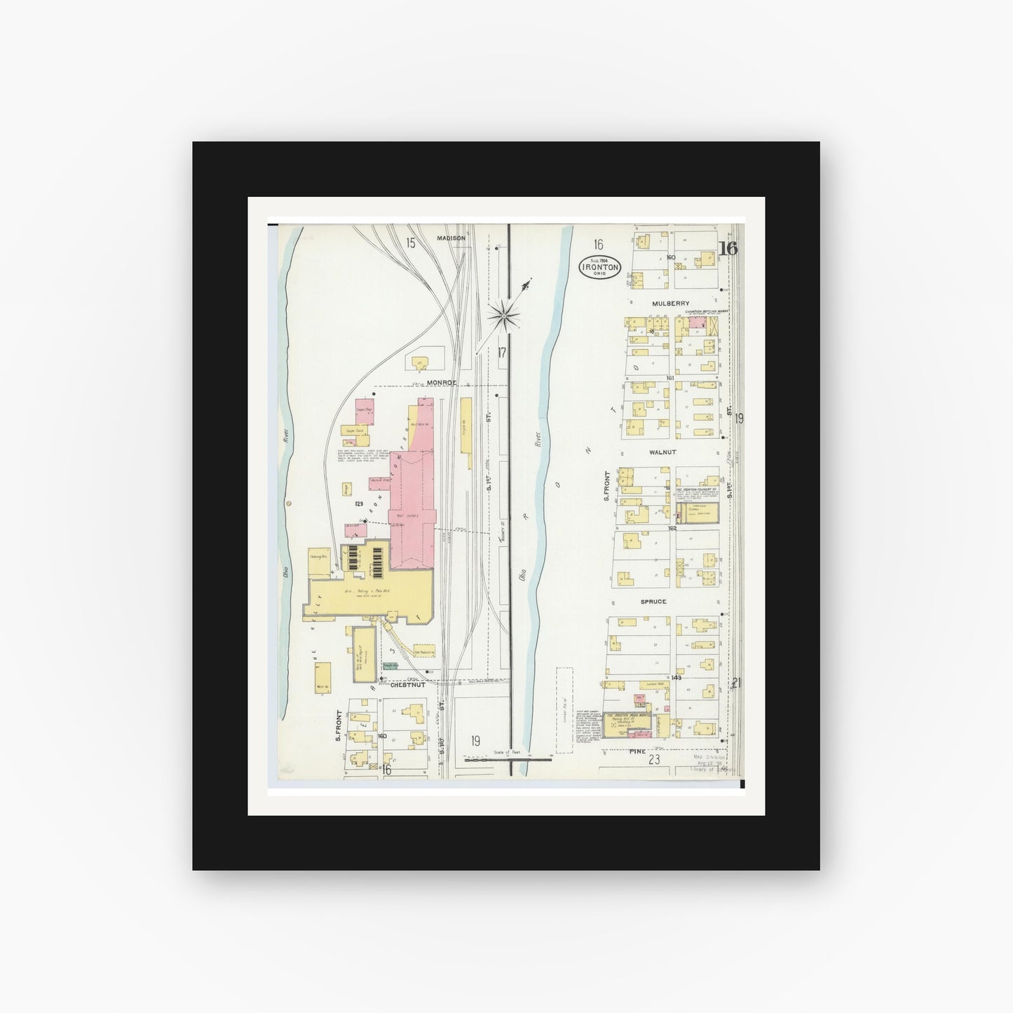Old map wall art mockup — black gallery frame with white mat — Sanborn Fire Insurance Map from Ironton, Lawrence County, Ohio (1904), Sheet #0016
