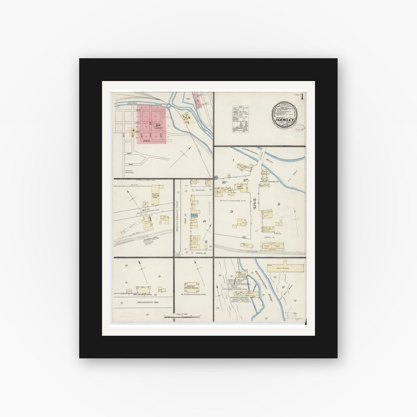 Old map wall art mockup — black gallery frame with white mat — Sanborn Fire Insurance Map from Hawley, Wayne County, Pennsylvania (1885) - Complete Map Set