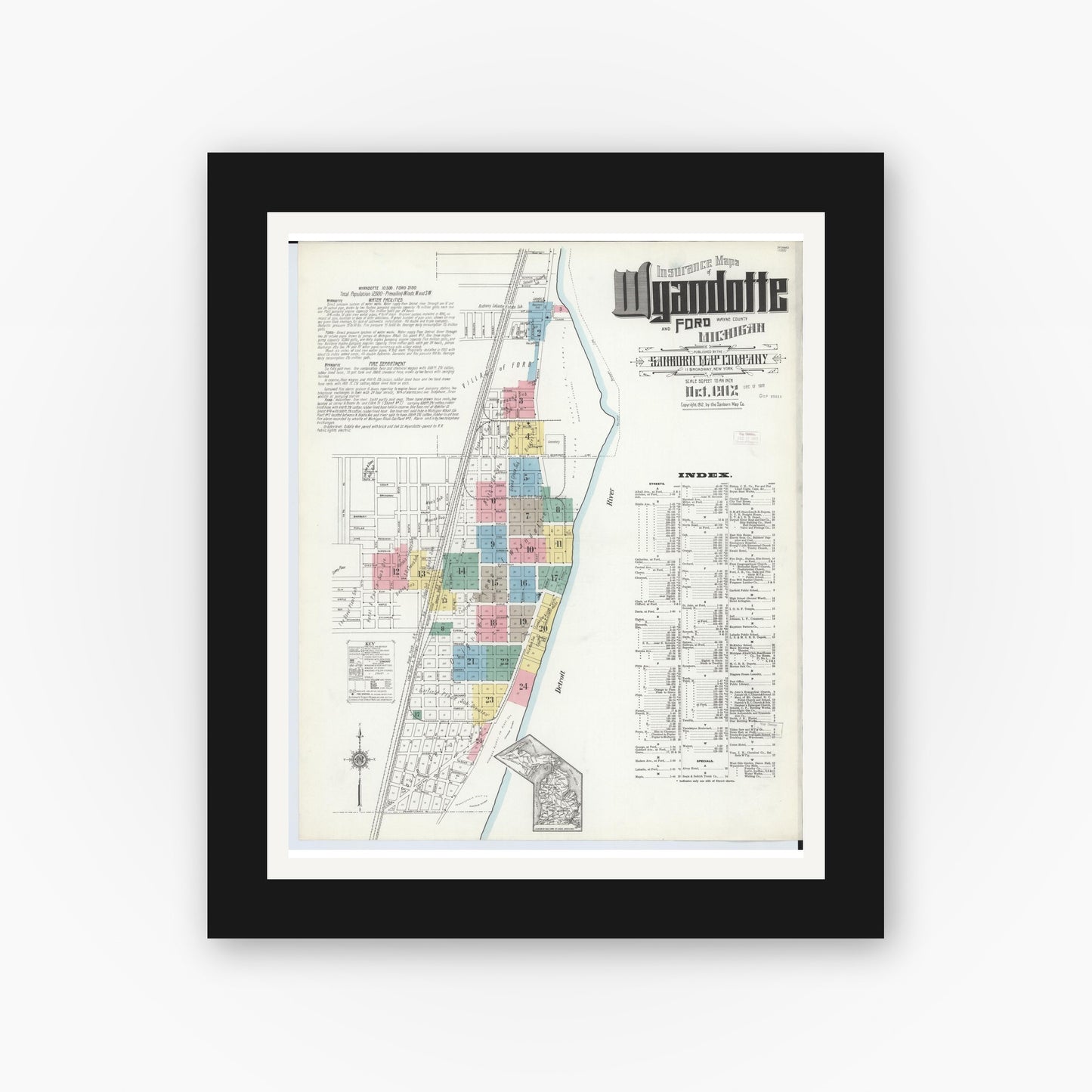 Old map wall art mockup — black gallery frame with white mat — Sanborn Fire Insurance Map from Wyandotte, Wayne County, Michigan (1912) - Complete Map Set