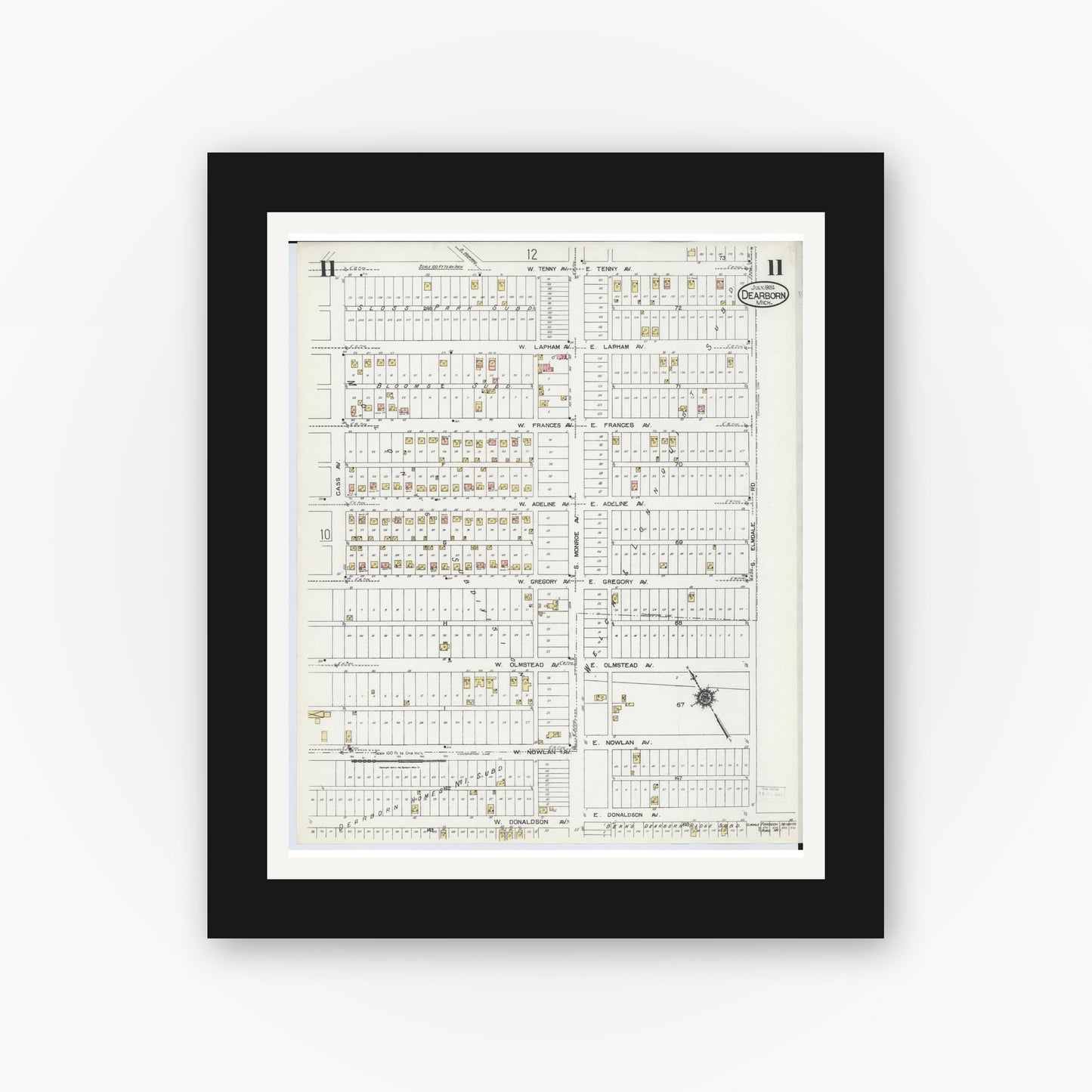 Old map wall art mockup — black gallery frame with white mat — Sanborn Fire Insurance Map from Dearborn, Wayne County, Michigan (1924), Sheet #0011