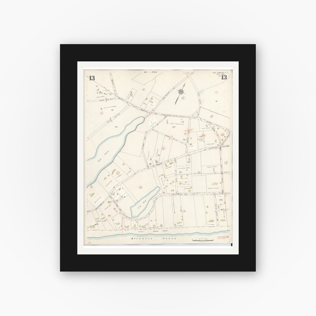 Old map wall art mockup — black gallery frame with white mat — Sanborn Fire Insurance Map from Easthampton, Suffolk County, New York (1943), Sheet #0013