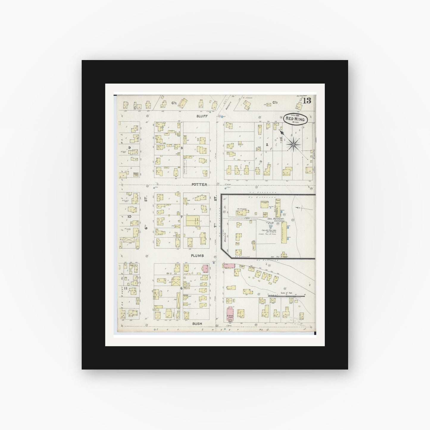 Old map wall art mockup — black gallery frame with white mat — Sanborn Fire Insurance Map from Red Wing, Goodhue County, Minnesota (1891), Sheet #0013