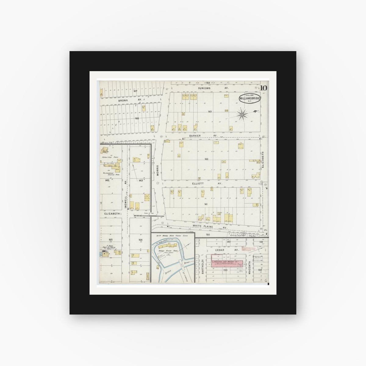 Old map wall art mockup — black gallery frame with white mat — Sanborn Fire Insurance Map from Williamsbridge, Westchester County, New York (1895), Sheet #0010