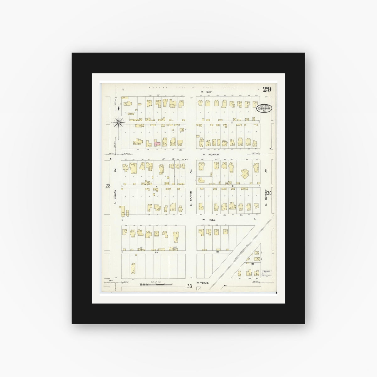 Old map wall art mockup — black gallery frame with white mat — Sanborn Fire Insurance Map from Denison, Grayson County, Texas (1908), Sheet #0029