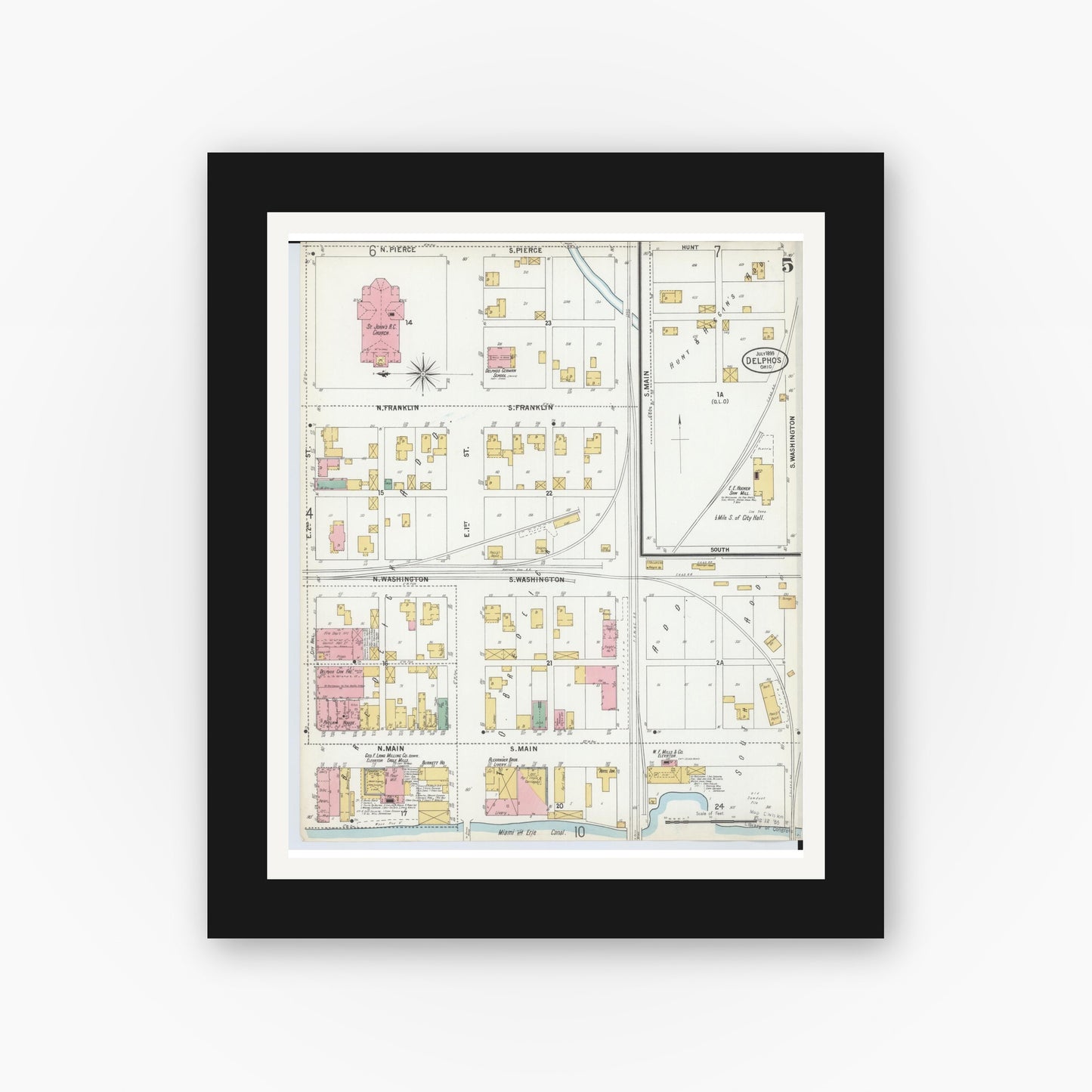 Old map wall art mockup — black gallery frame with white mat — Sanborn Fire Insurance Map from Delphos, Van Wert And Allen Counties, Ohio (1899), Sheet #0005