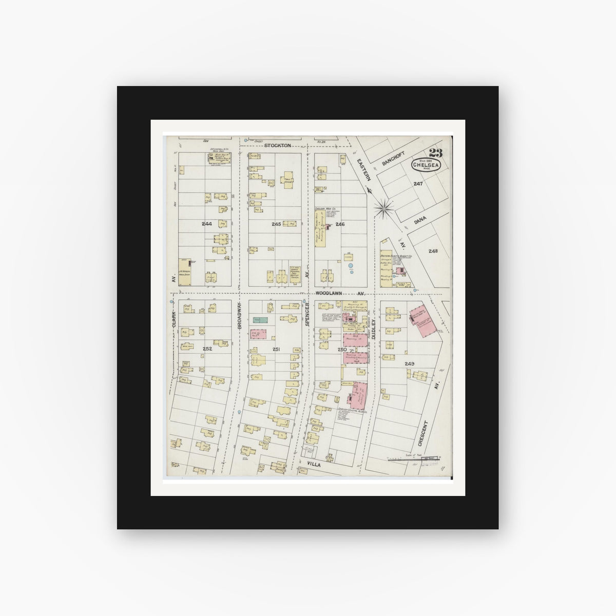 Old map wall art mockup — black gallery frame with white mat — Sanborn Fire Insurance Map from Chelsea, Suffolk County, Massachusetts (1889), Sheet #0023