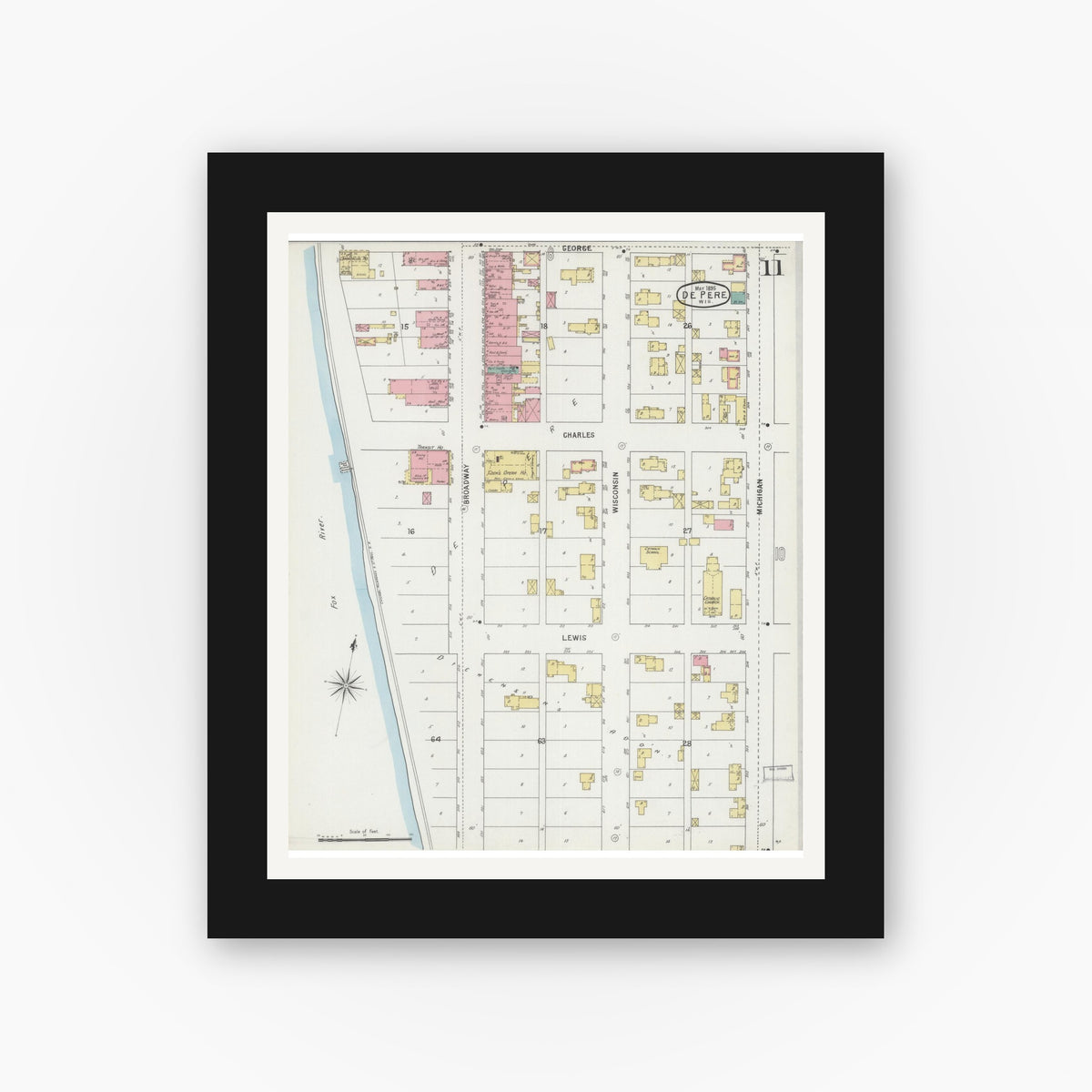 Old map wall art mockup — black gallery frame with white mat — Sanborn Fire Insurance Map from De Pere, Brown County, Wisconsin (1895), Sheet #0011