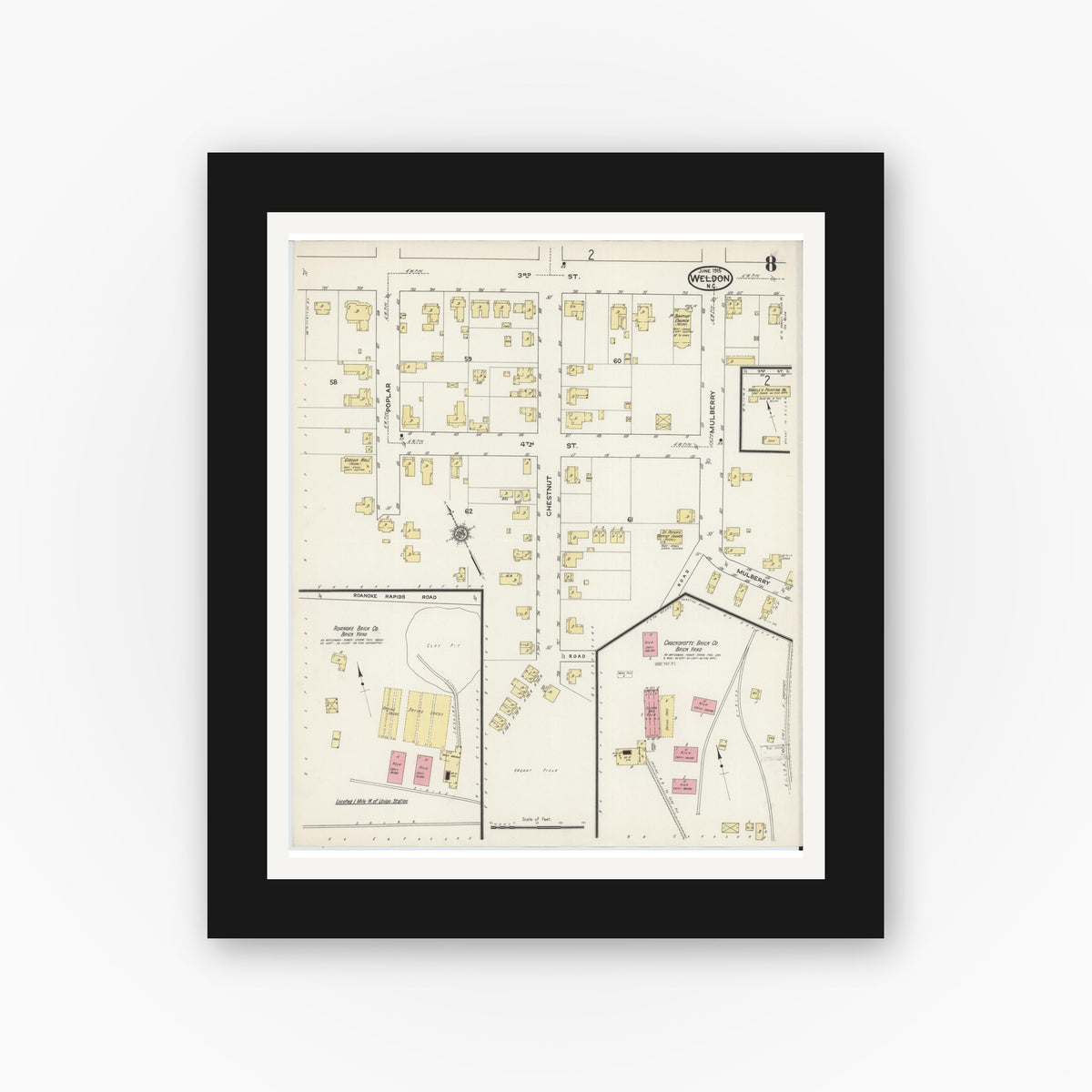 Old map wall art mockup — black gallery frame with white mat — Sanborn Fire Insurance Map from Weldon, Halifax County, North Carolina (1915), Sheet #0008