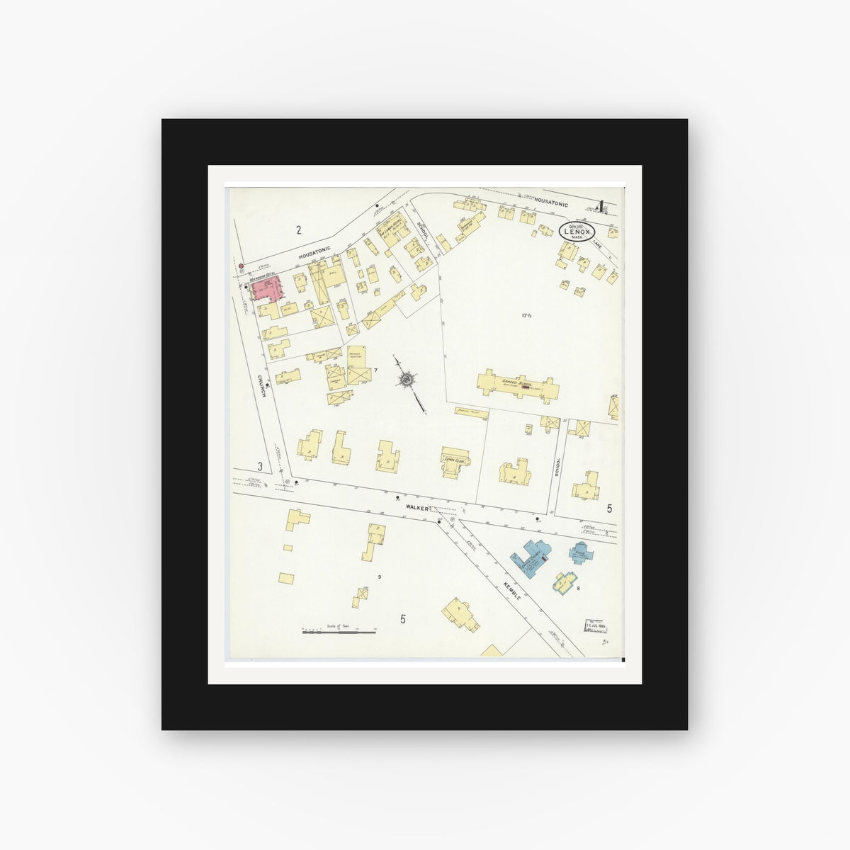 Old map wall art mockup — black gallery frame with white mat — Sanborn Fire Insurance Map from Lenox, Berkshire County, Massachusetts (1911), Sheet #0004