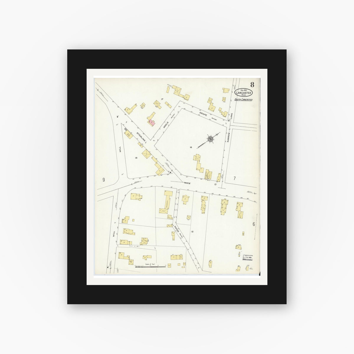 Old map wall art mockup — black gallery frame with white mat — Sanborn Fire Insurance Map from Lancaster, Worcester County, Massachusetts (1910), Sheet #0008