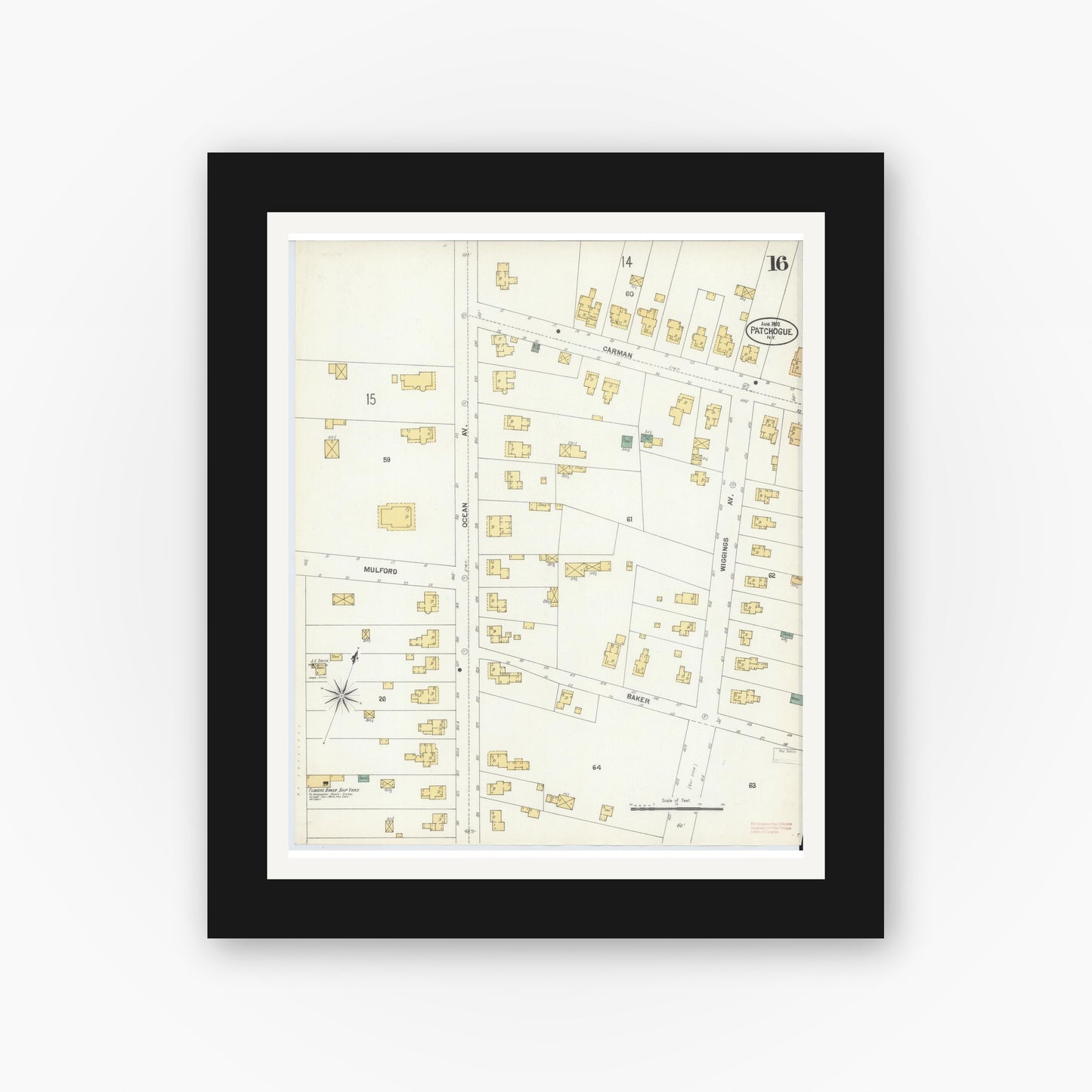 Old map wall art mockup — black gallery frame with white mat — Sanborn Fire Insurance Map from Patchogue, Suffolk County, New York (1902), Sheet #0016
