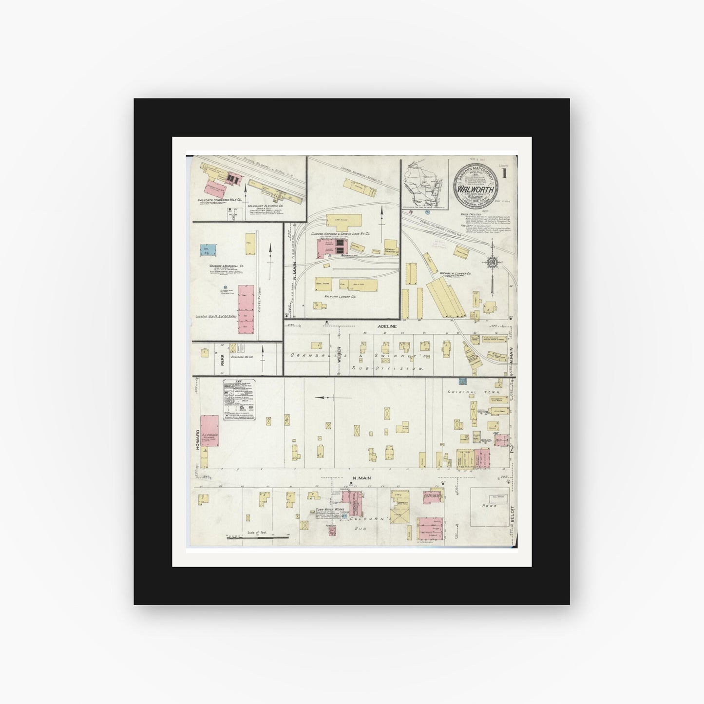 Old map wall art mockup — black gallery frame with white mat — Sanborn Fire Insurance Map from Walworth, Walworth County, Wisconsin (1912), Sheet #0001