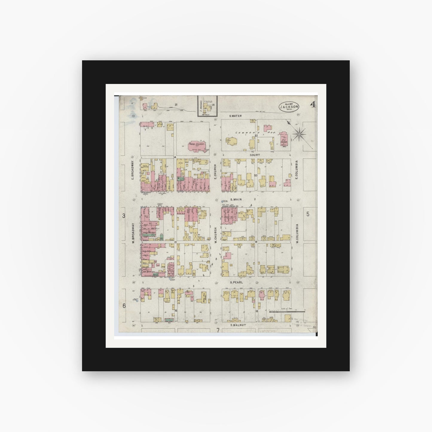 Old map wall art mockup — black gallery frame with white mat — Sanborn Fire Insurance Map from Jackson, Jackson County, Ohio (1897), Sheet #0004