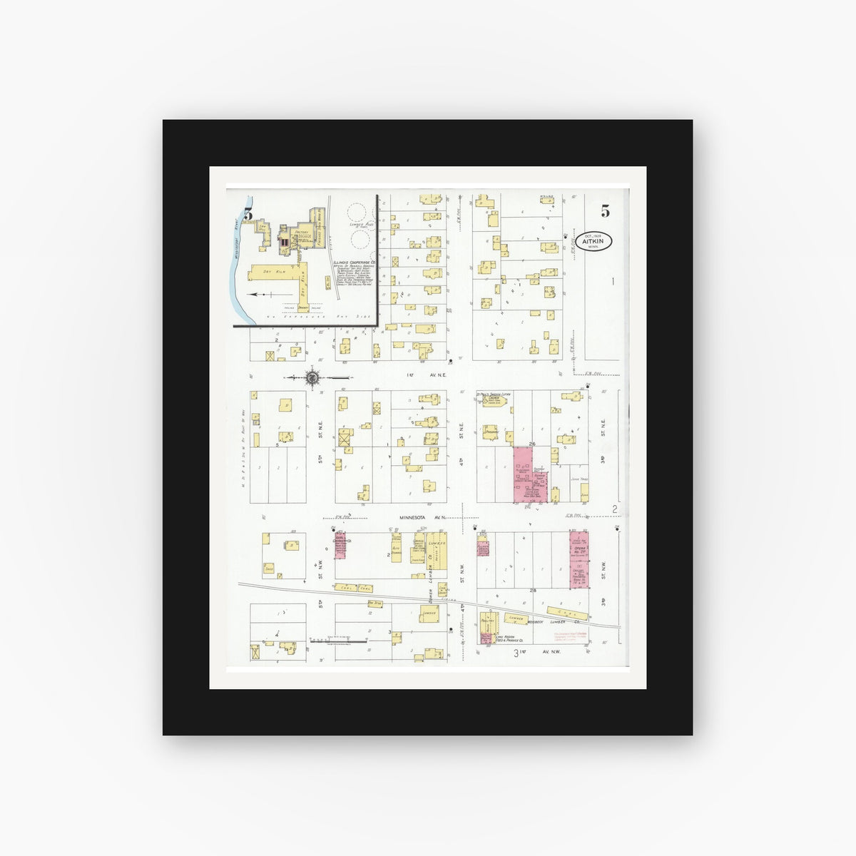 Old map wall art mockup — black gallery frame with white mat — Sanborn Fire Insurance Map from Aitkin, Aitkin County, Minnesota (1929), Sheet #0005