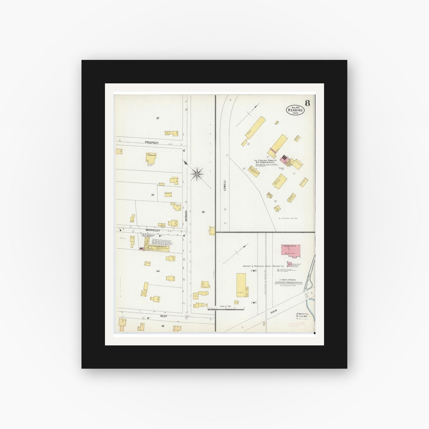 Old map wall art mockup — black gallery frame with white mat — Sanborn Fire Insurance Map from Reading, Middlesex County, Massachusetts (1903), Sheet #0008