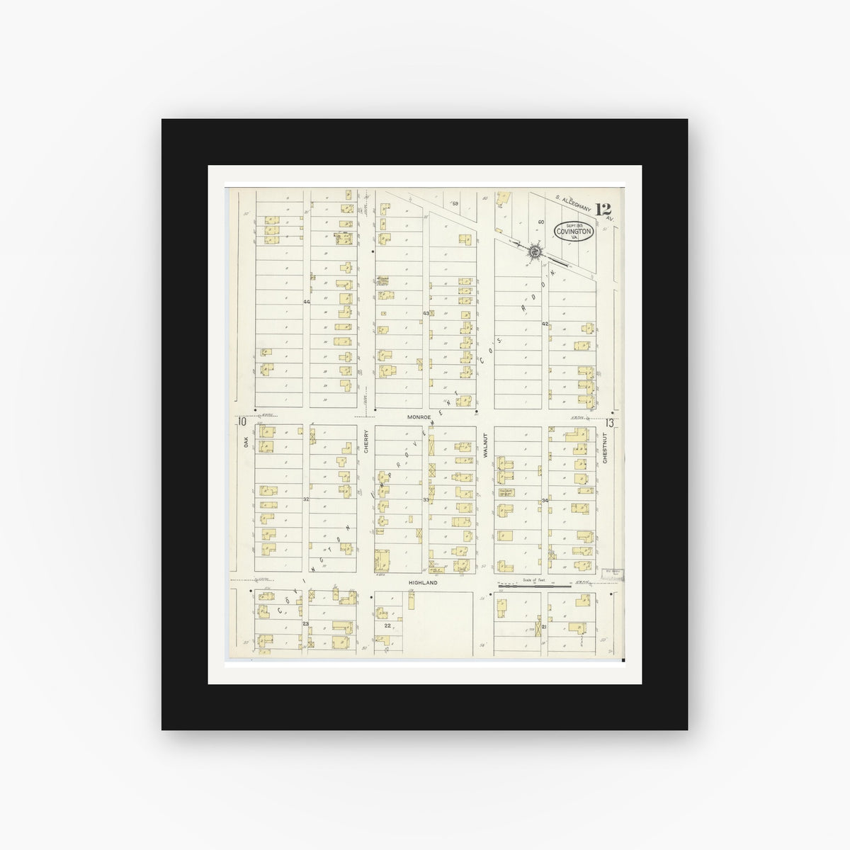 Old map wall art mockup — black gallery frame with white mat — Sanborn Fire Insurance Map from Covington, Independent Cities, Virginia (1913), Sheet #0012