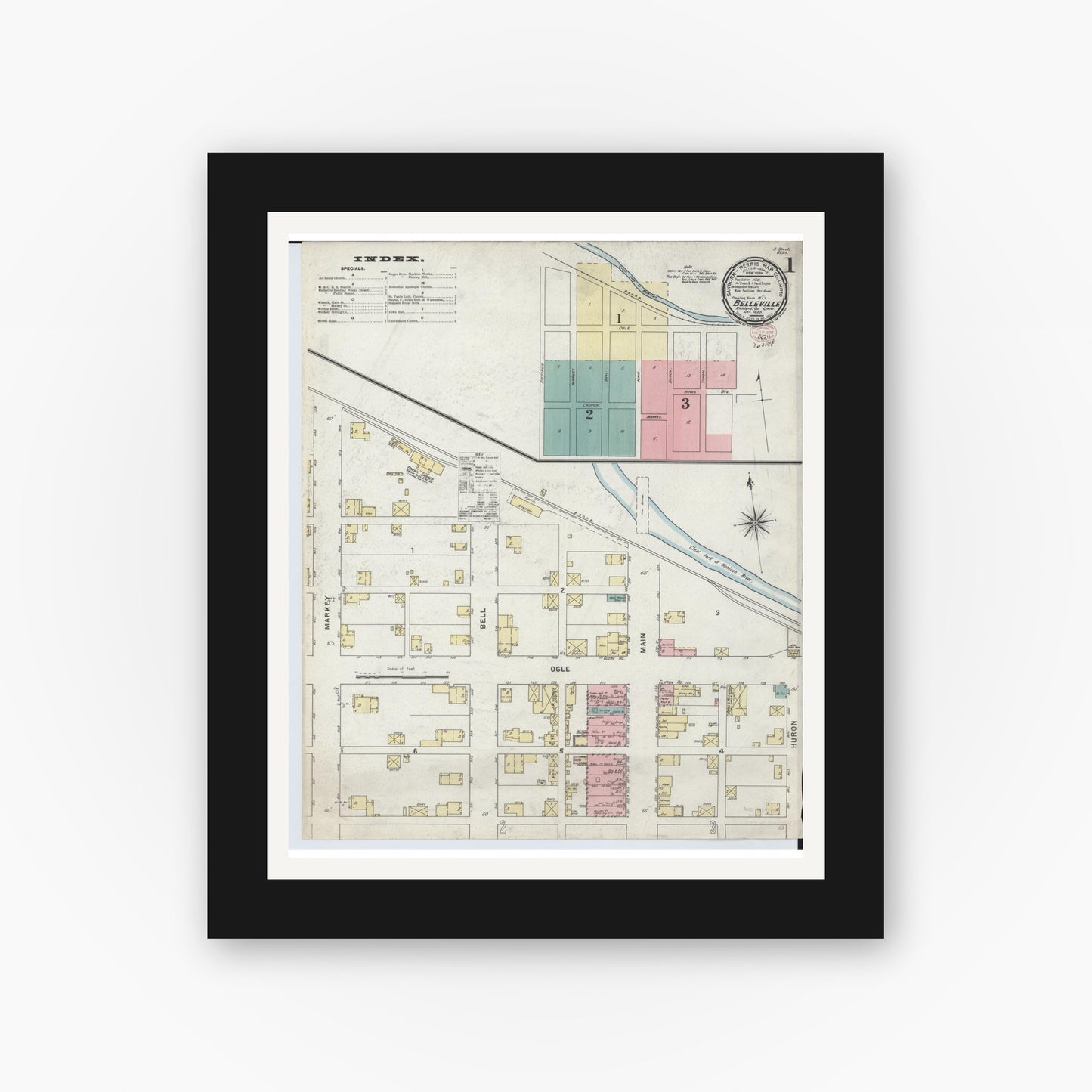 Old map wall art mockup — black gallery frame with white mat — Sanborn Fire Insurance Map from Bellville, Richland County, Ohio (1895), Sheet #0001