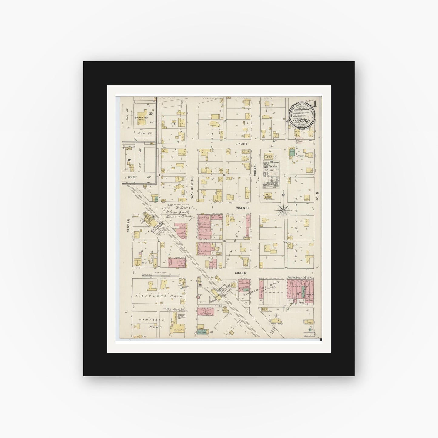 Old map wall art mockup — black gallery frame with white mat — Sanborn Fire Insurance Map from Frankton, Madison County, Indiana (1895) - Complete Map Set