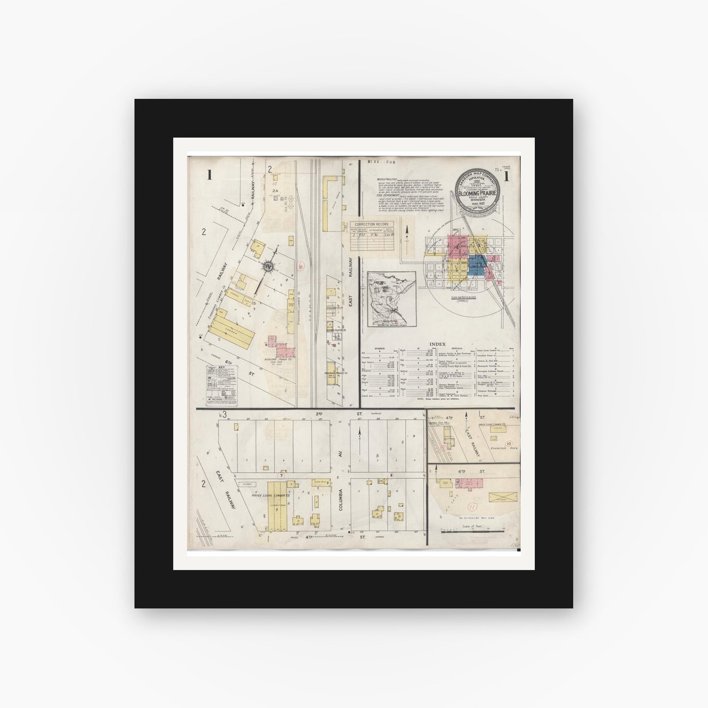 Old map wall art mockup — black gallery frame with white mat — Sanborn Fire Insurance Map from Blooming Prairie, Steele County, Minnesota (1937), Sheet #0001