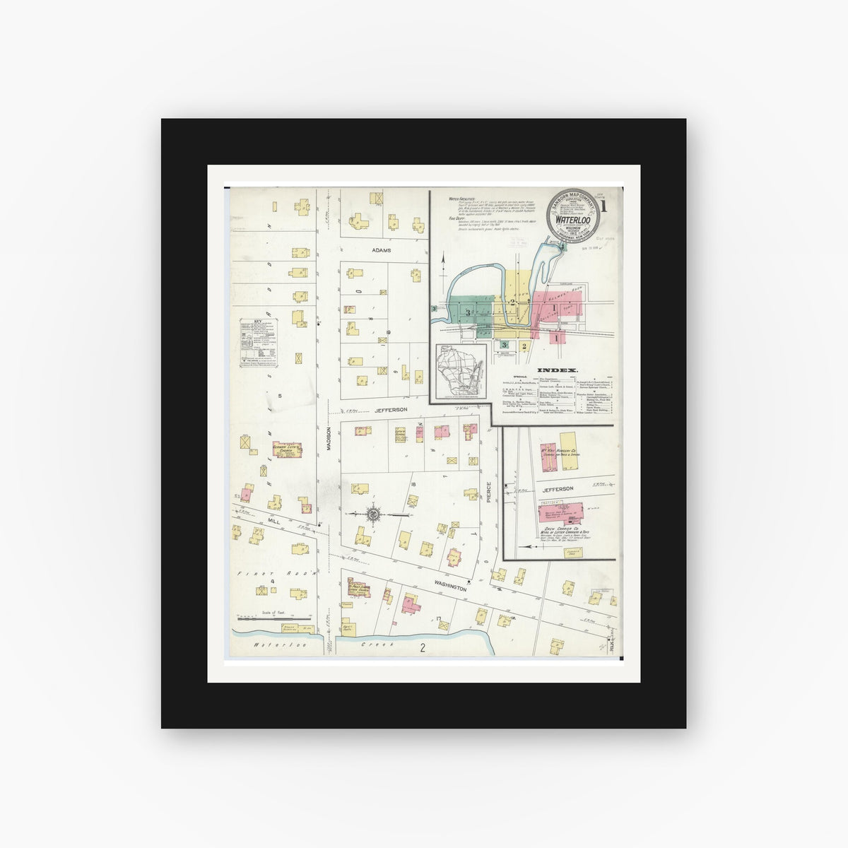 Old map wall art mockup — black gallery frame with white mat — Sanborn Fire Insurance Map from Waterloo, Jefferson County, Wisconsin (1912), Sheet #0001