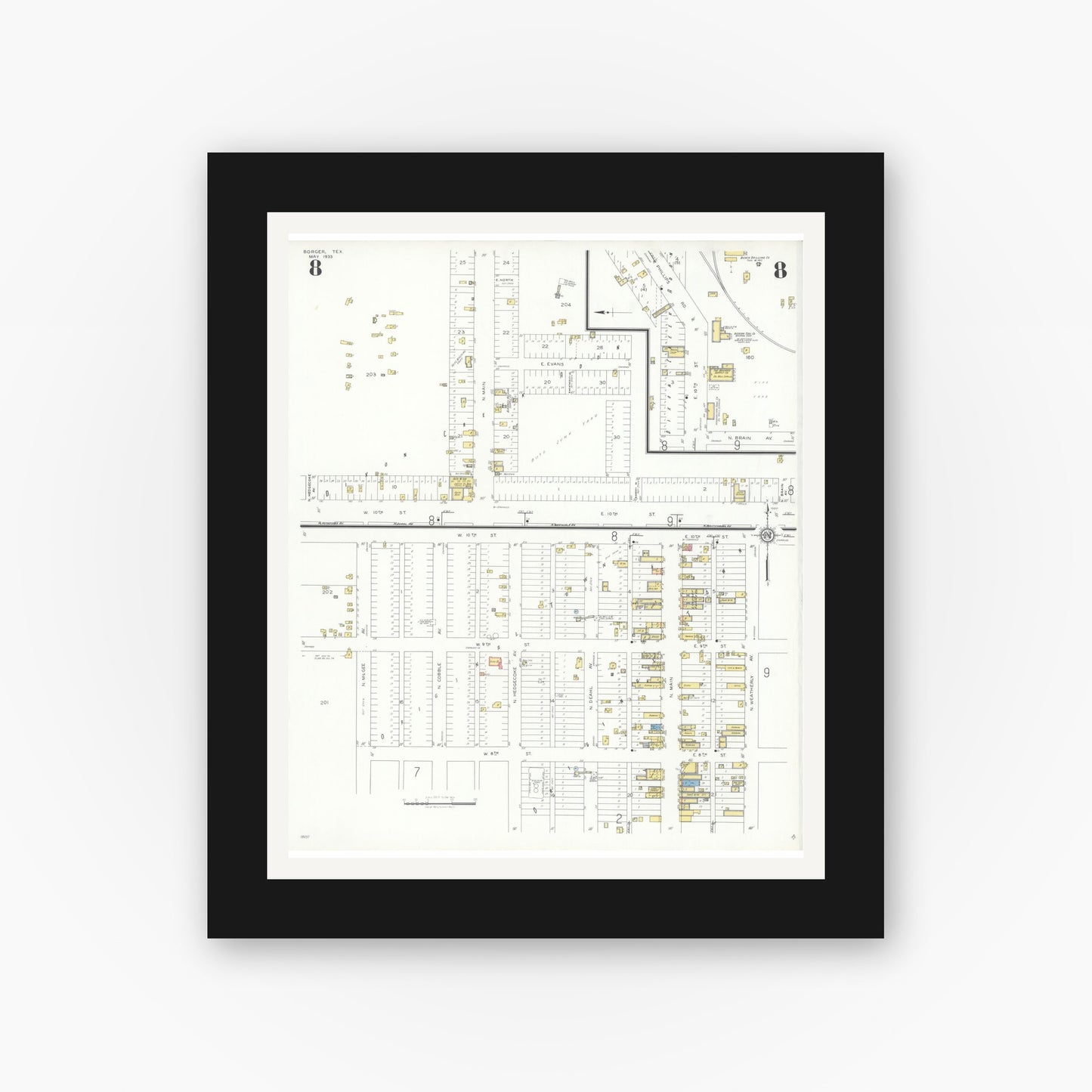 Old map wall art mockup — black gallery frame with white mat — Sanborn Fire Insurance Map from Borger, Hutchinson County, Texas (1933), Sheet #0008