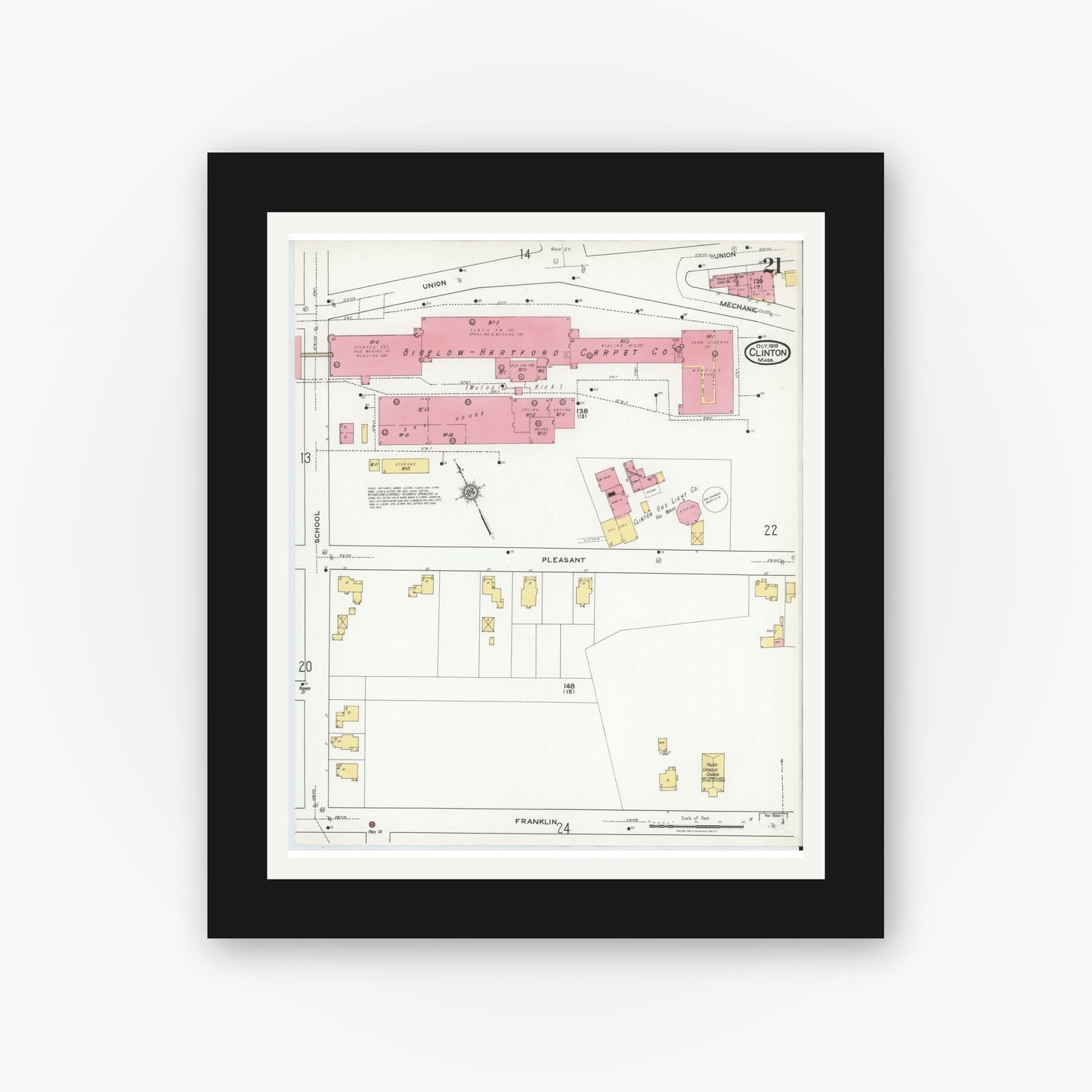 Old map wall art mockup — black gallery frame with white mat — Sanborn Fire Insurance Map from Clinton, Worcester County, Massachusetts (1919), Sheet #0021