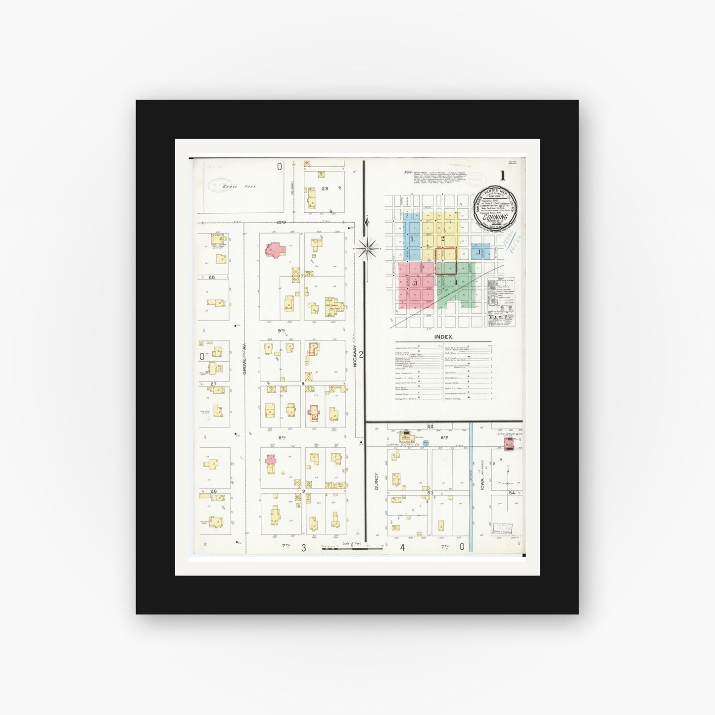 Old map wall art mockup — black gallery frame with white mat — Sanborn Fire Insurance Map from Corning, Adams County, Iowa (1899), Sheet #0001