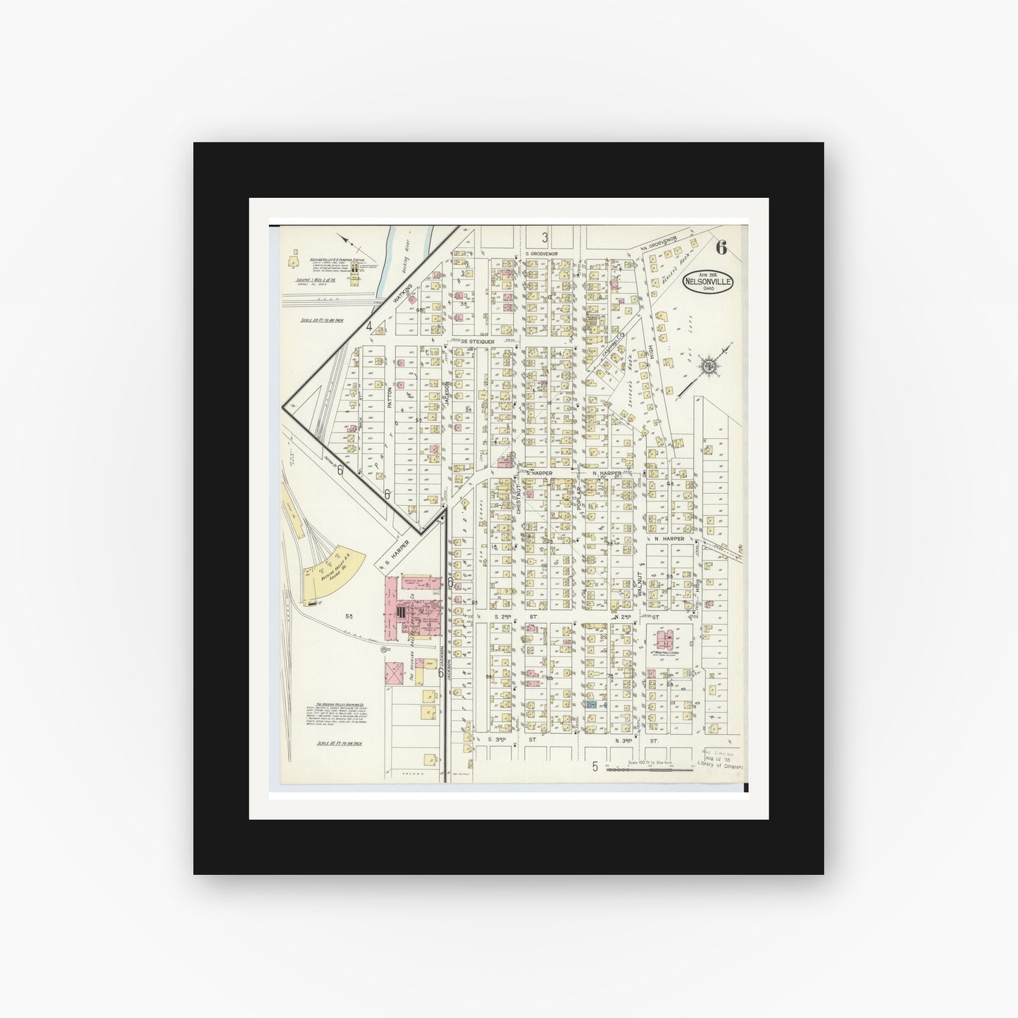 Old map wall art mockup — black gallery frame with white mat — Sanborn Fire Insurance Map from Nelsonville, Athens County, Ohio (1914), Sheet #0006