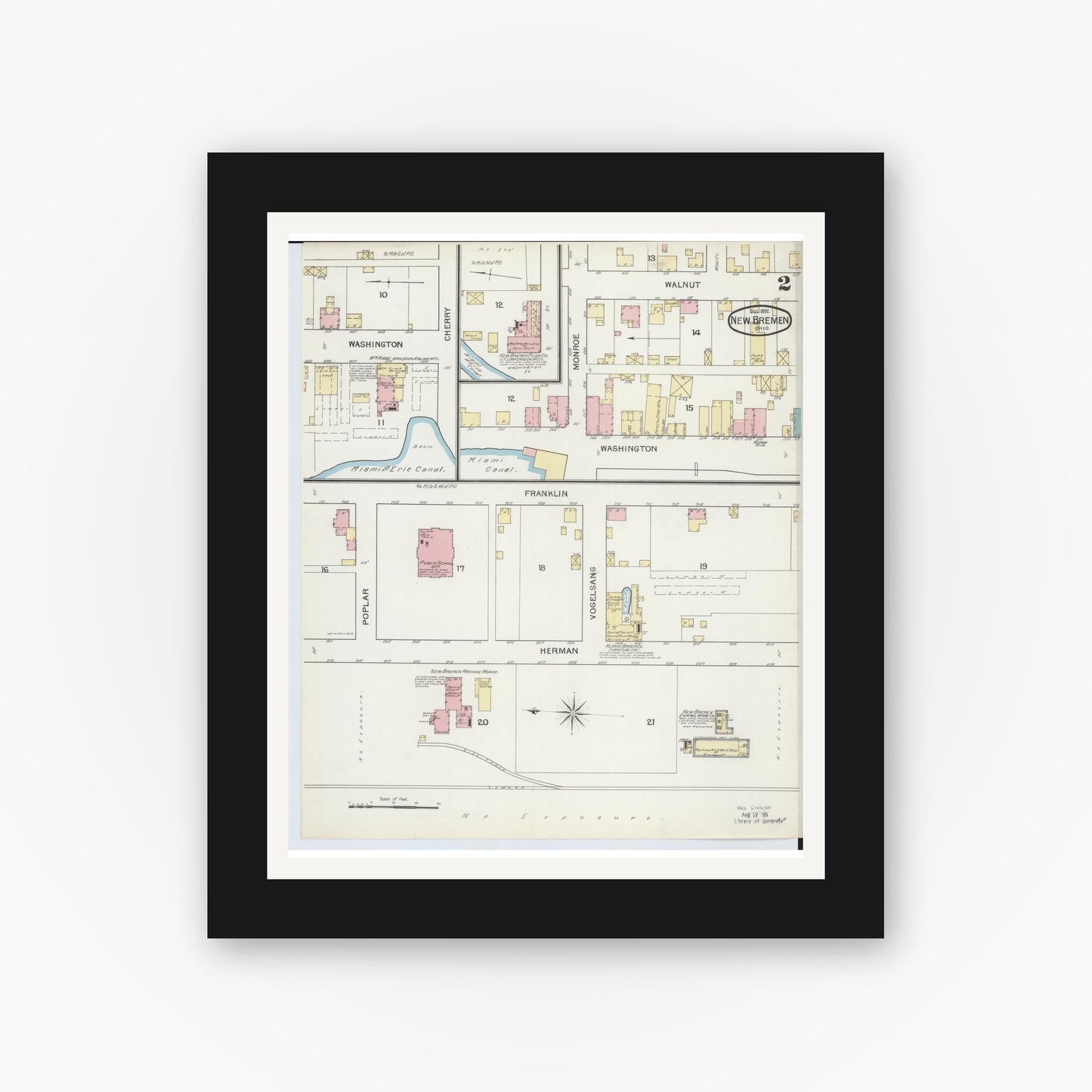 Old map wall art mockup — black gallery frame with white mat — Sanborn Fire Insurance Map from New Bremen, Auglaize County, Ohio (1892), Sheet #0002