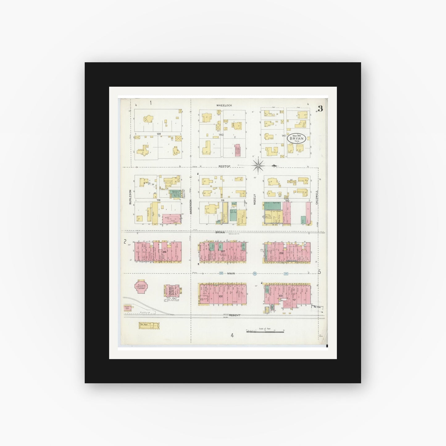 Old map wall art mockup — black gallery frame with white mat — Sanborn Fire Insurance Map from Bryan, Brazos County, Texas (1906), Sheet #0003